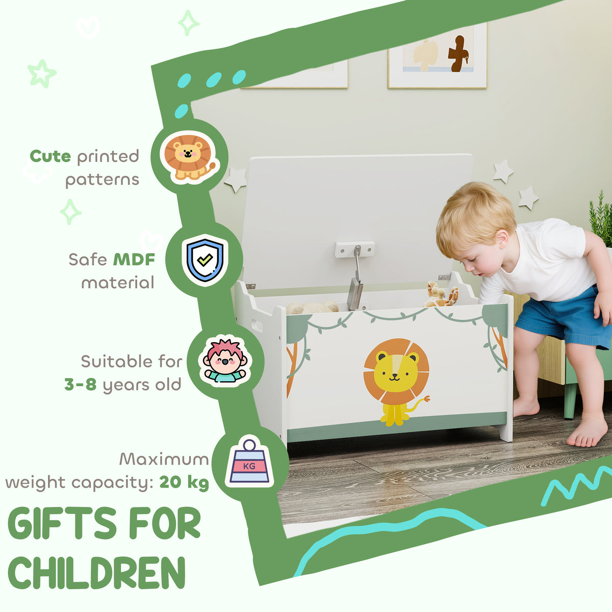Qaba Kids Toy Storage Chest with Safety Hinges - Green-Toys & Games > Toddler & Kids Furniture > Baby & Kids Storage-DECOROLALA