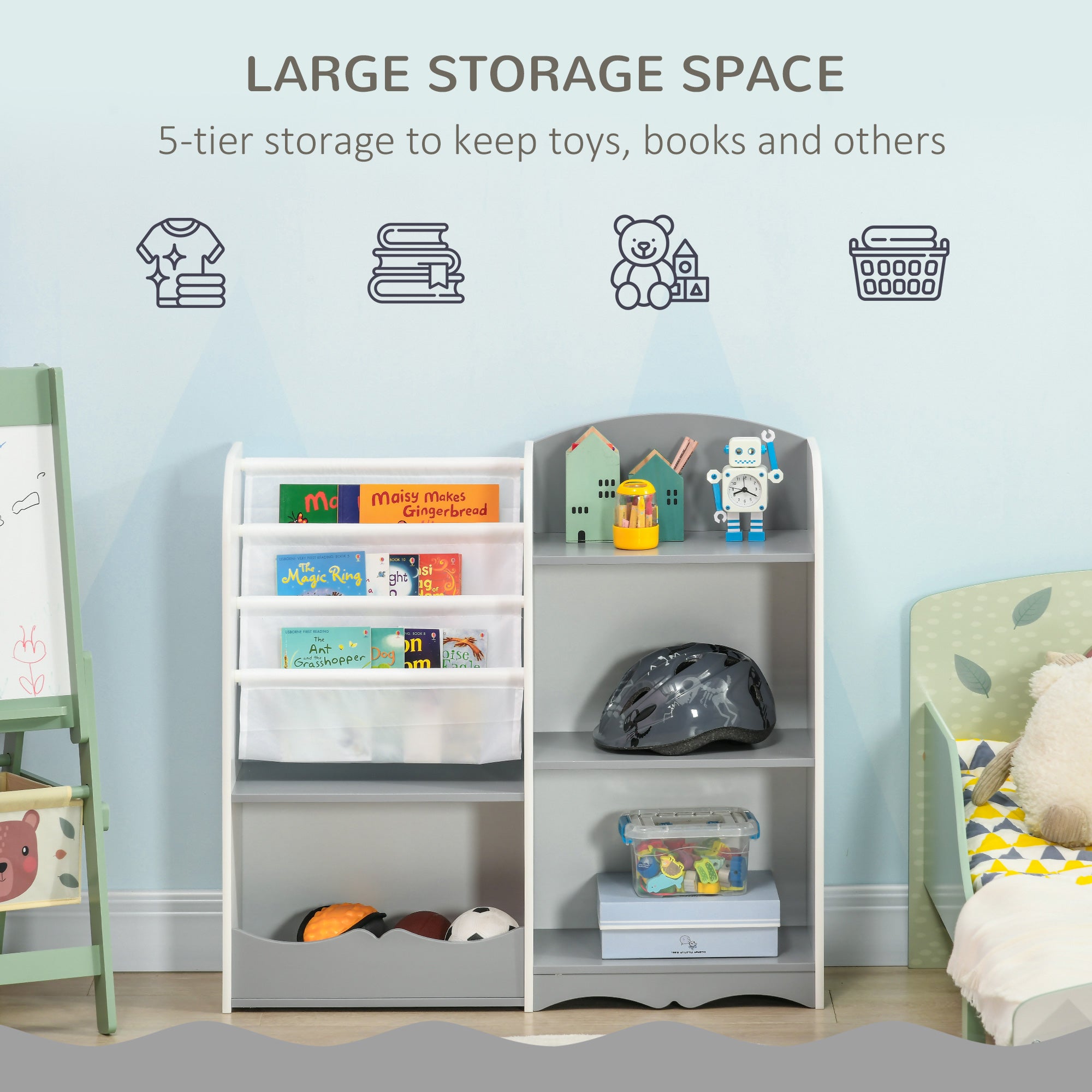 Qaba Kids Toy Storage Organizer Shelf, Children Bookshelf for Bedroom, Playroom, Nursery, Grey-Toys & Games > Toddler & Kids Furniture > Baby & Kids Storage-DECOROLALA
