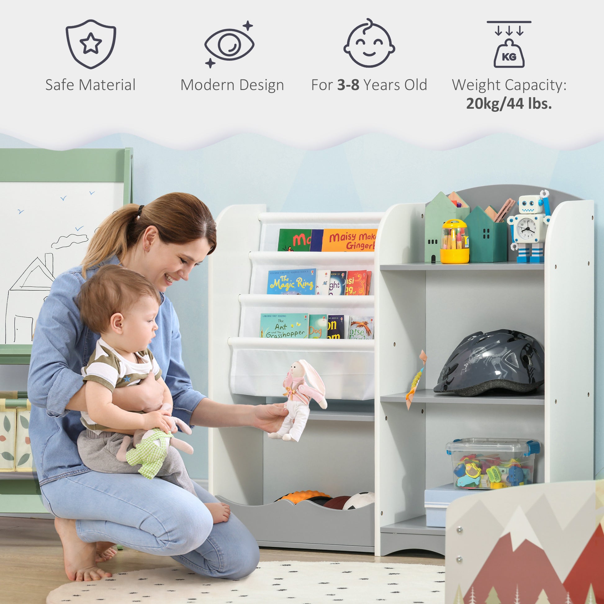 Qaba Kids Toy Storage Organizer Shelf, Children Bookshelf for Bedroom, Playroom, Nursery, Grey-Toys & Games > Toddler & Kids Furniture > Baby & Kids Storage-DECOROLALA
