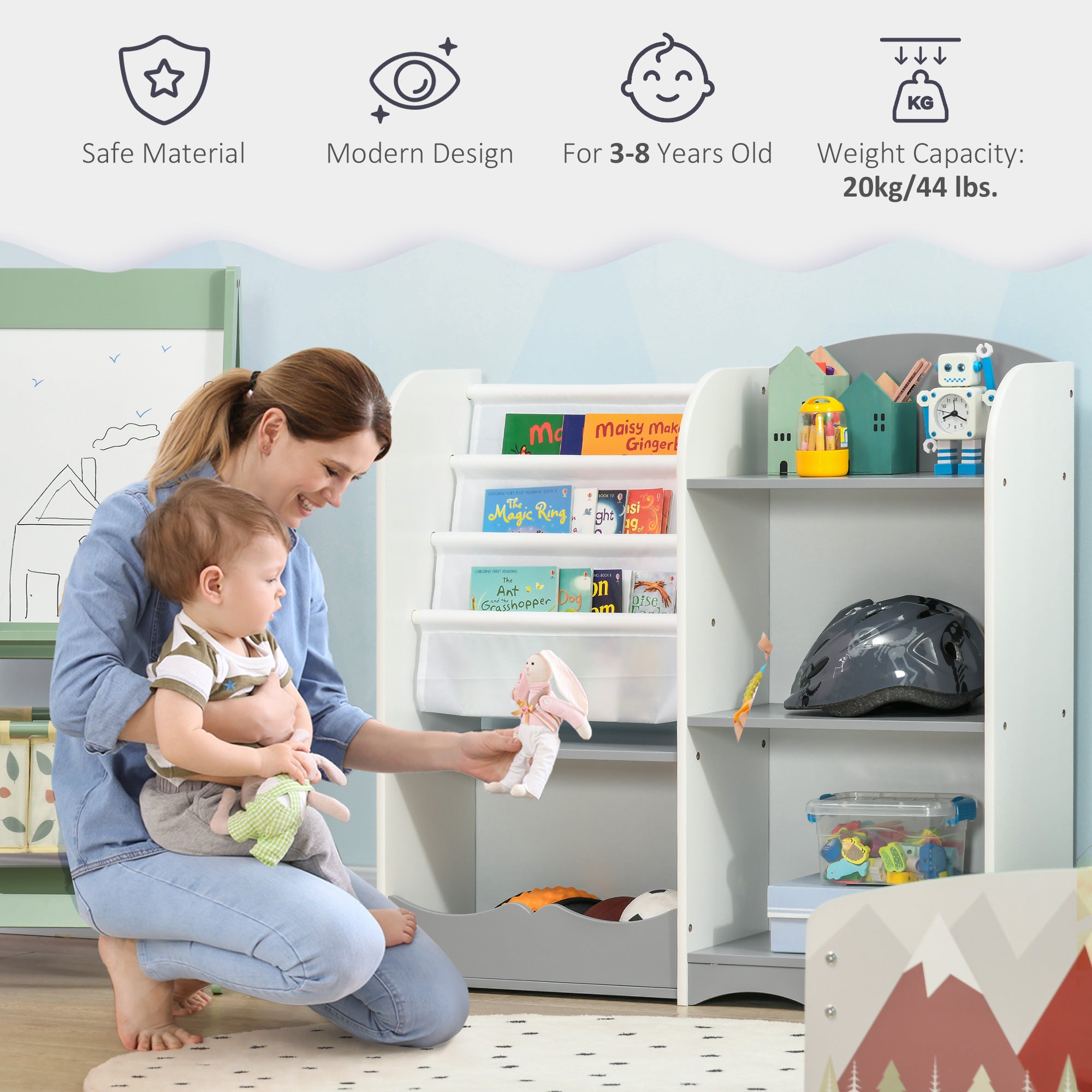 Qaba Kids Toy Storage Organizer Shelf, Children Bookshelf for Bedroom, Playroom, Nursery, Grey-Toys & Games > Toddler & Kids Furniture > Baby & Kids Storage-DECOROLALA