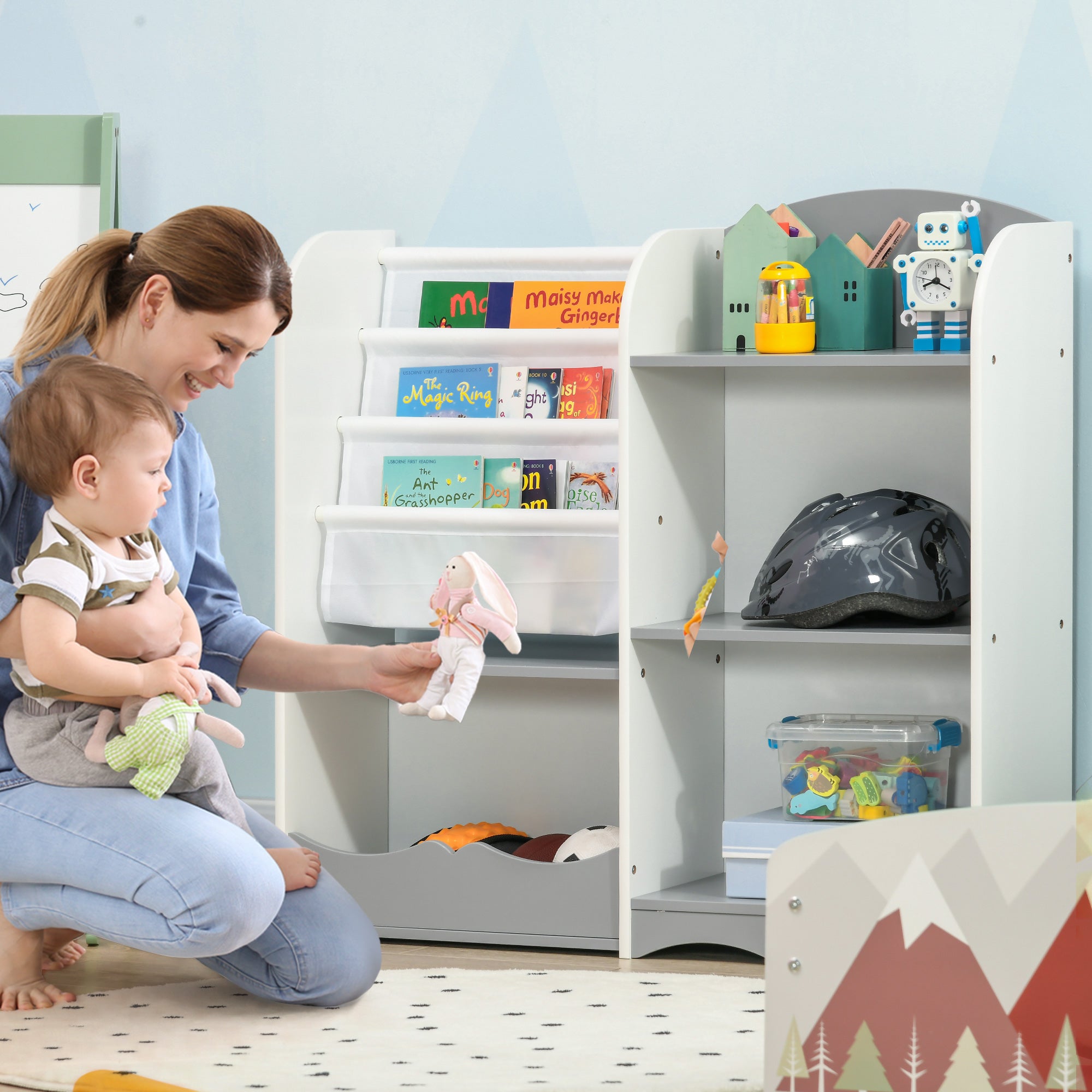 Qaba Kids Toy Storage Organizer Shelf, Children Bookshelf for Bedroom, Playroom, Nursery, Grey-Toys & Games > Toddler & Kids Furniture > Baby & Kids Storage-DECOROLALA