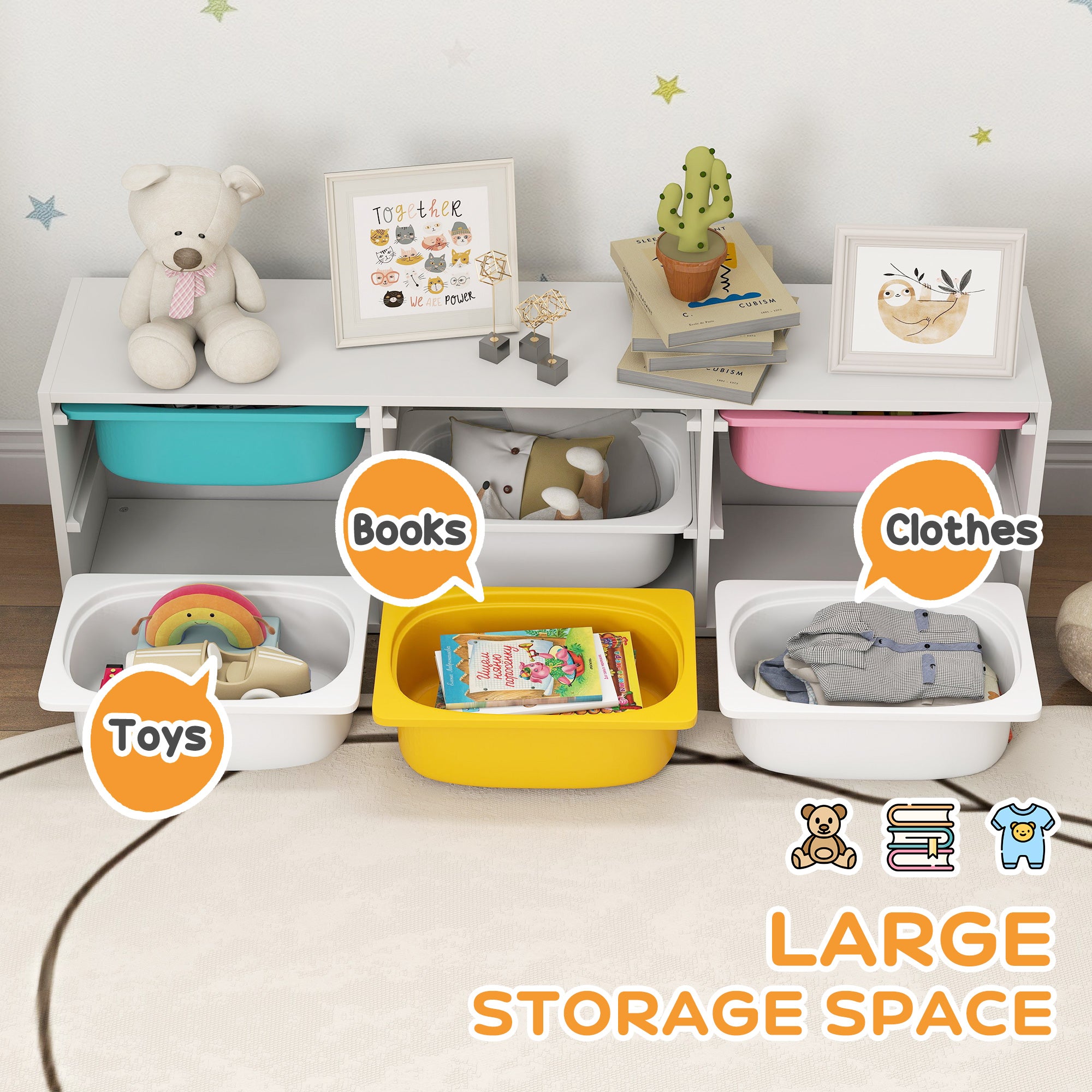 Qaba Kids Toy Storage Organizer with 6 Removable Plastic Bins for Toddlers, Toy Box for Bedroom, Nursery, Playroom-Toys & Games > Toddler & Kids Furniture > Baby & Kids Storage-DECOROLALA