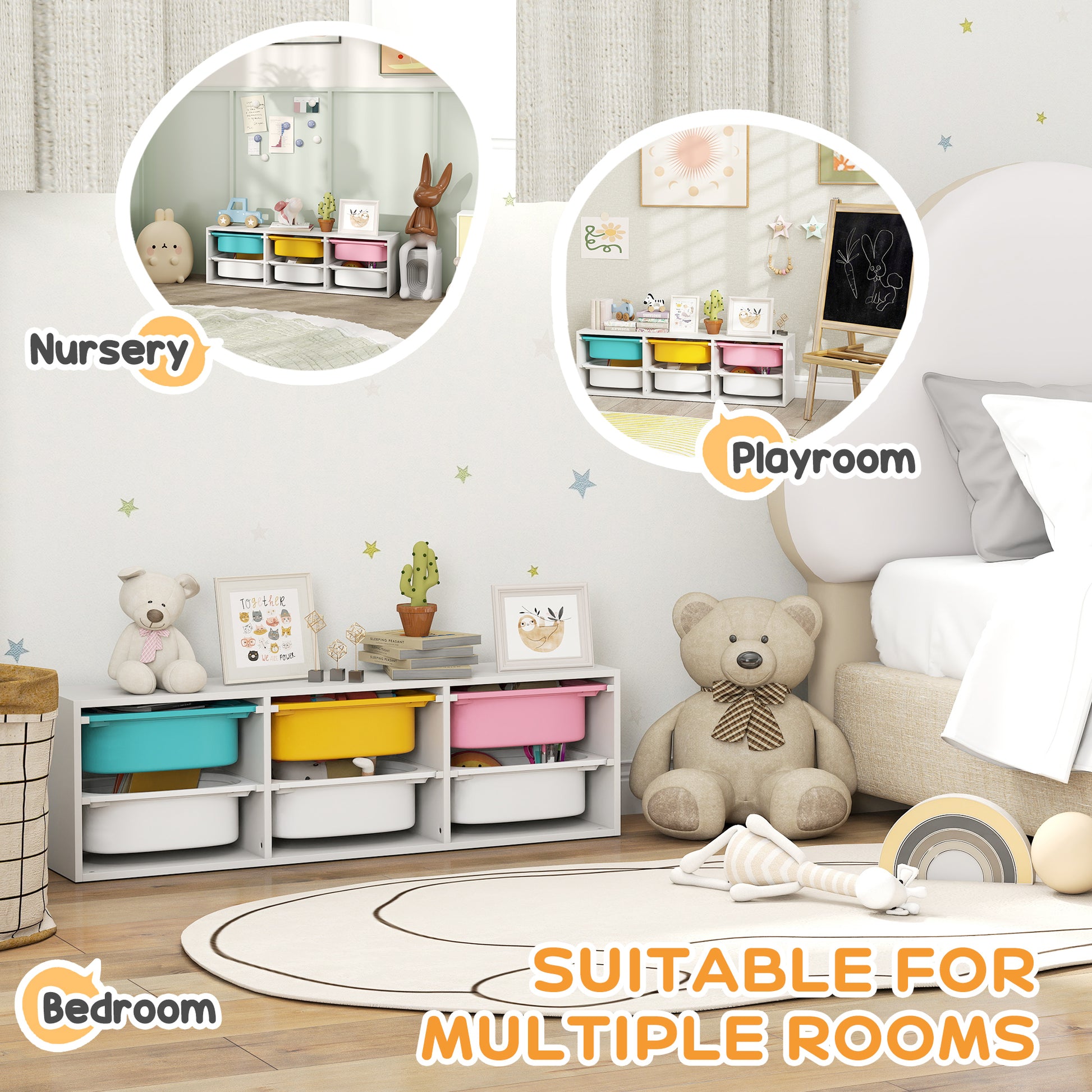 Qaba Kids Toy Storage Organizer with 6 Removable Plastic Bins for Toddlers, Toy Box for Bedroom, Nursery, Playroom-Toys & Games > Toddler & Kids Furniture > Baby & Kids Storage-DECOROLALA