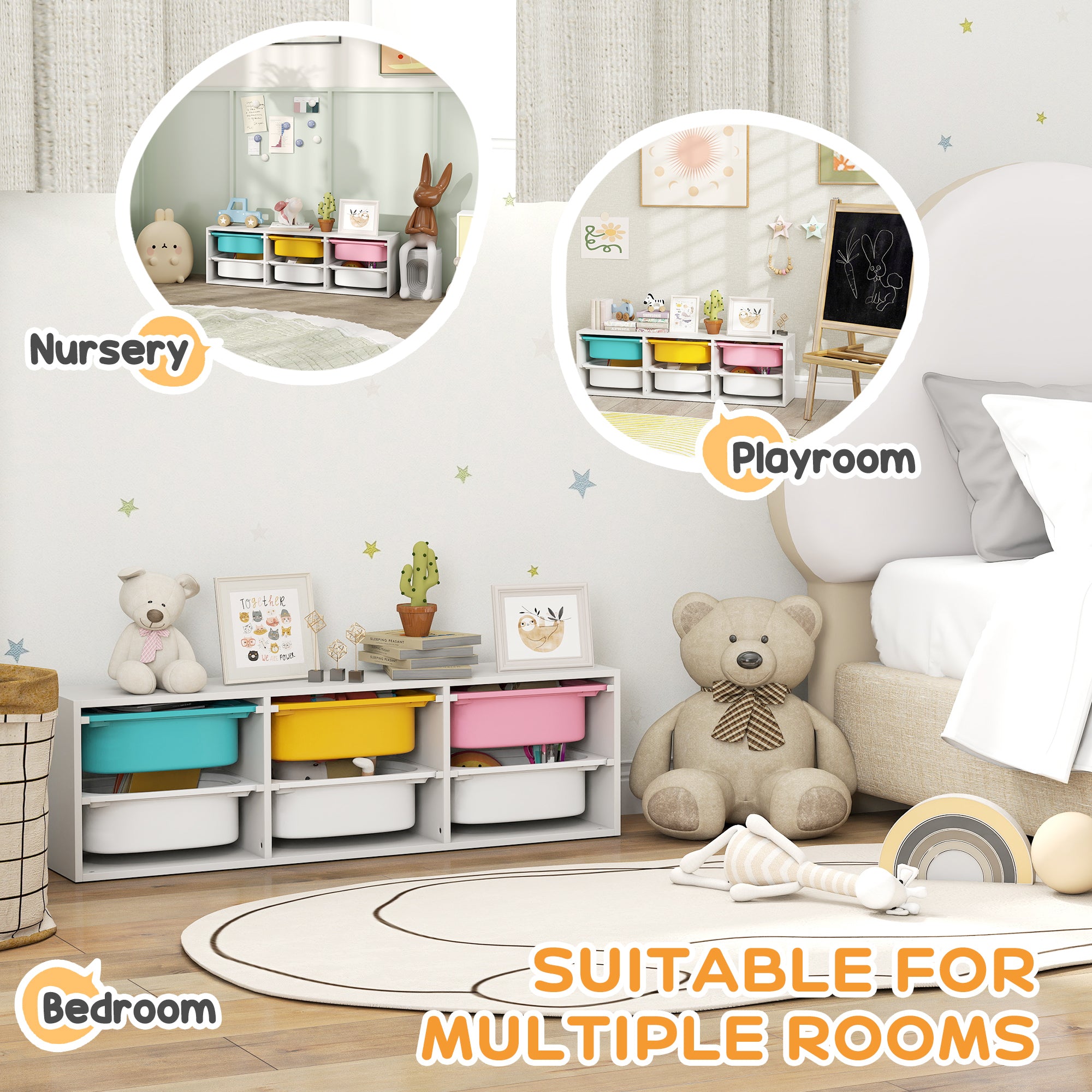Qaba Kids Toy Storage Organizer with 6 Removable Plastic Bins for Toddlers, Toy Box for Bedroom, Nursery, Playroom-Toys & Games > Toddler & Kids Furniture > Baby & Kids Storage-DECOROLALA