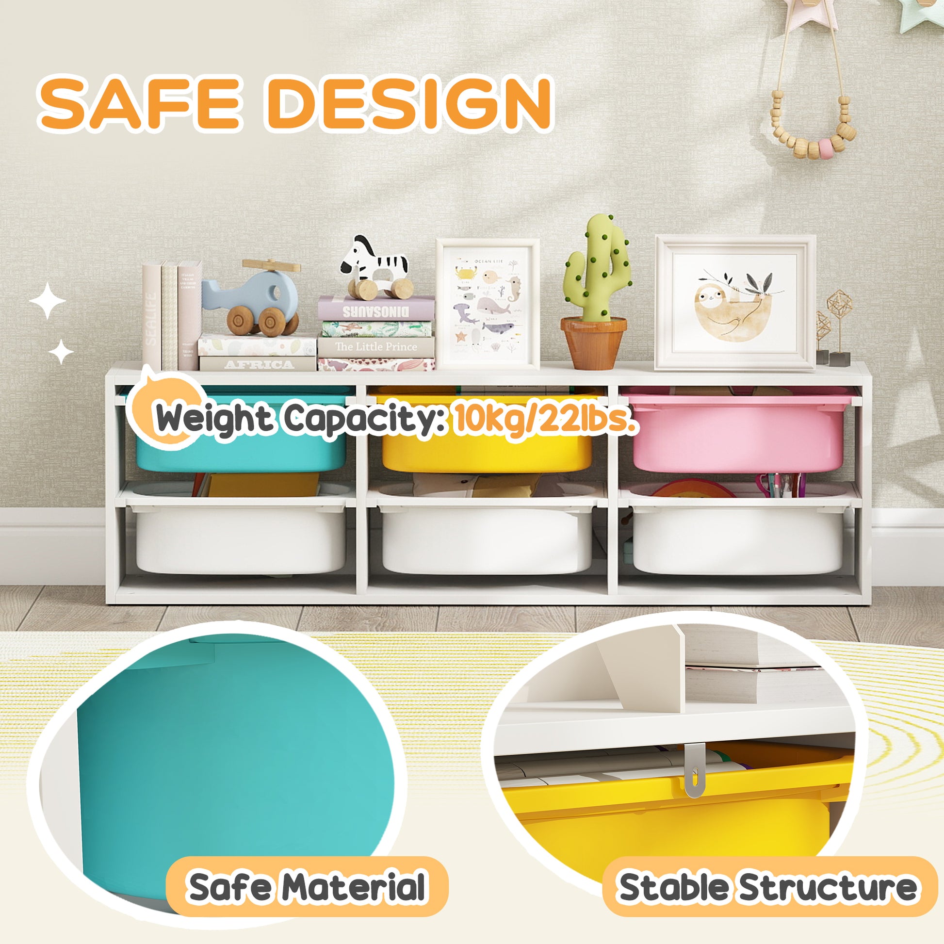 Qaba Kids Toy Storage Organizer with 6 Removable Plastic Bins for Toddlers, Toy Box for Bedroom, Nursery, Playroom-Toys & Games > Toddler & Kids Furniture > Baby & Kids Storage-DECOROLALA