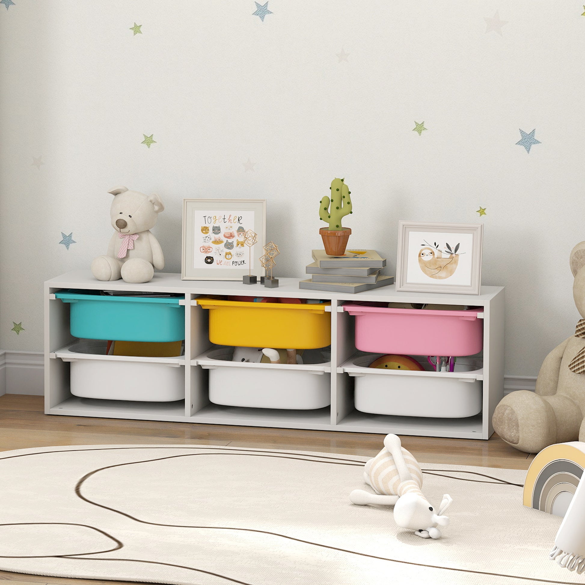 Qaba Kids Toy Storage Organizer with 6 Removable Plastic Bins for Toddlers, Toy Box for Bedroom, Nursery, Playroom-Toys & Games > Toddler & Kids Furniture > Baby & Kids Storage-DECOROLALA