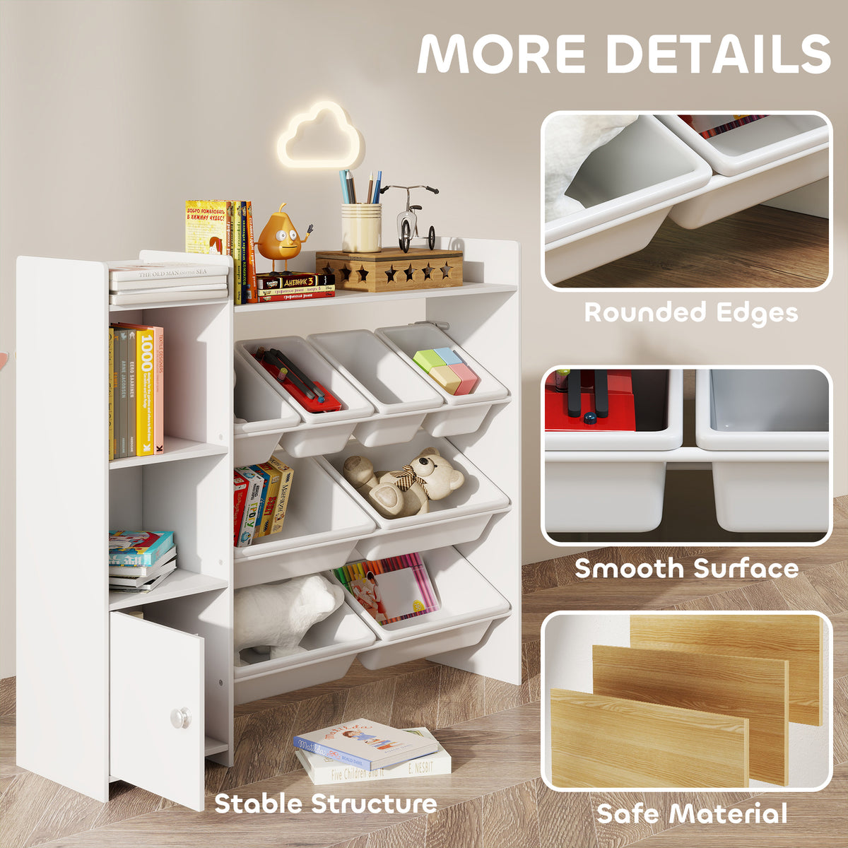 Qaba Kids Toy Storage Organizer with 8 Bins and Bookshelf, White-Toys & Games > Toddler & Kids Furniture > Baby & Kids Storage-DECOROLALA