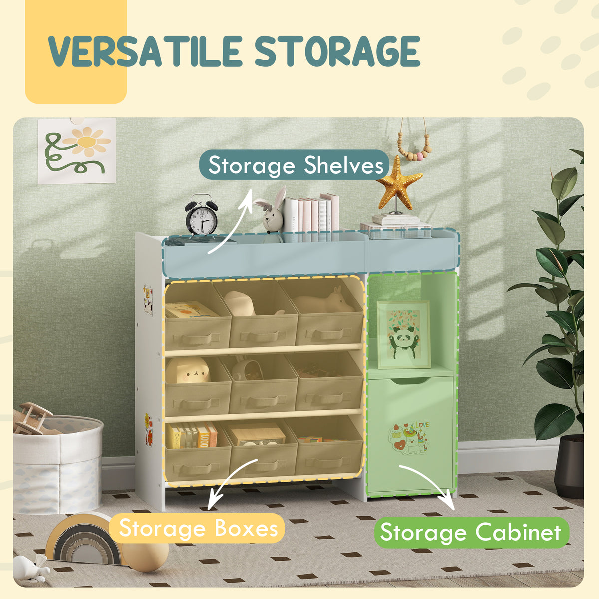 Qaba Kids Toy Storage Organizer with 9 Bins & Cabinet - White-Toys & Games > Toddler & Kids Furniture > Baby & Kids Storage-DECOROLALA