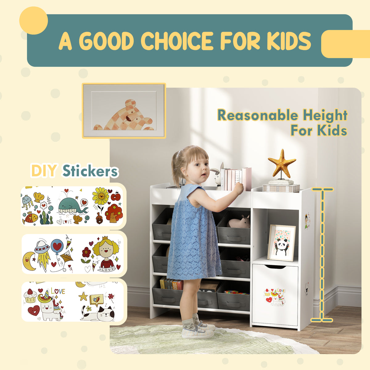 Qaba Kids Toy Storage Organizer with 9 Bins & Cabinet - White-Toys & Games > Toddler & Kids Furniture > Baby & Kids Storage-DECOROLALA