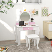 Qaba Kids Unicorn Makeup Vanity Set with Stool - White/Pink-Toys & Games > Toddler & Kids Furniture > Kids Bedroom Furniture-DECOROLALA