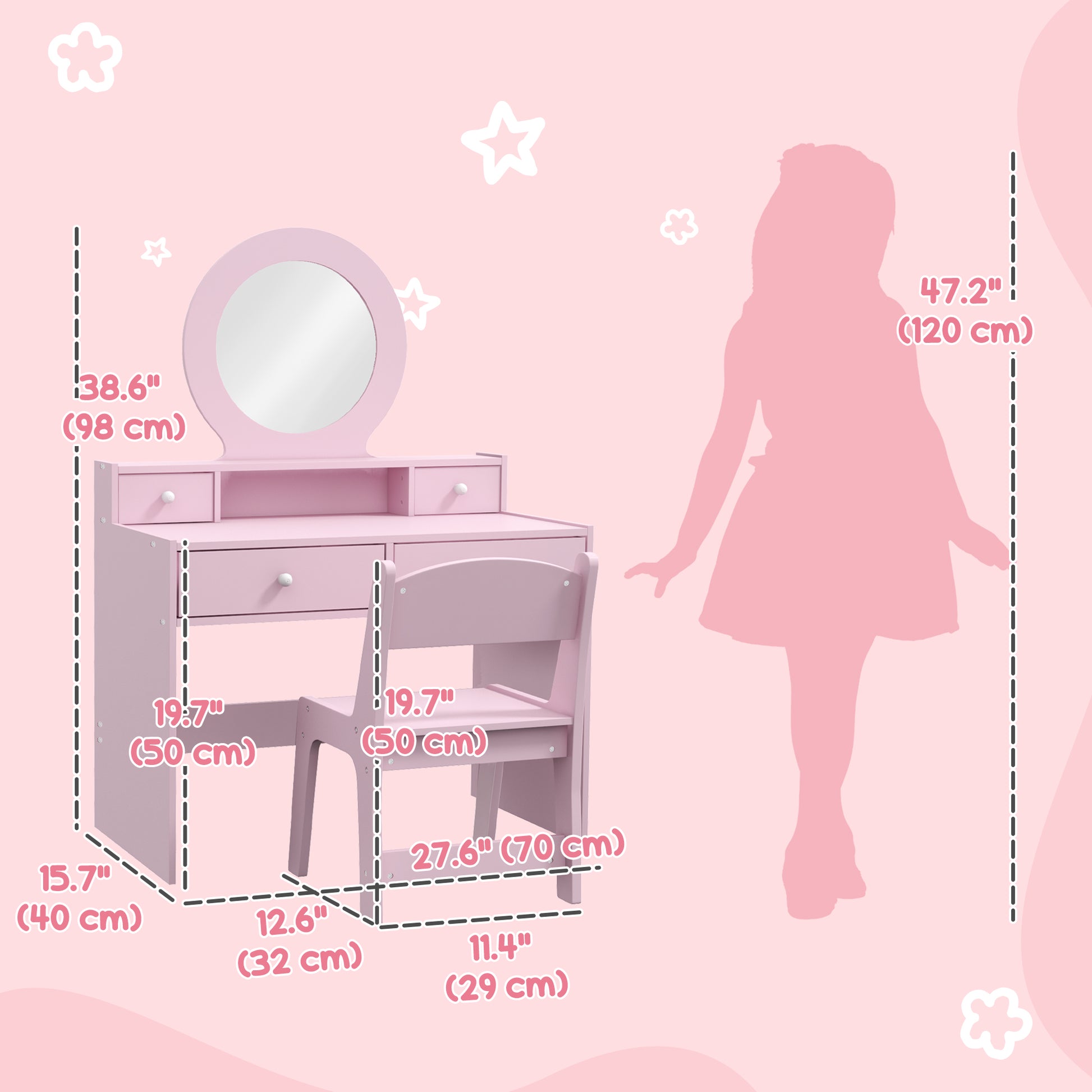 Qaba Kids Vanity Set, Children Makeup Table with Mirror, Stool and Storage Drawers, for Ages 3-8, Pink-Toys & Games > Toddler & Kids Furniture > Kids Bedroom Furniture-DECOROLALA