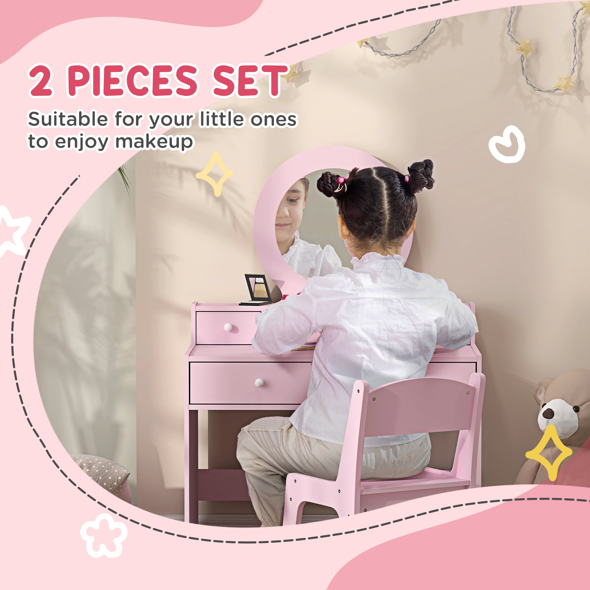 Qaba Kids Vanity Set, Children Makeup Table with Mirror, Stool and Storage Drawers, for Ages 3-8, Pink-Toys & Games > Toddler & Kids Furniture > Kids Bedroom Furniture-DECOROLALA