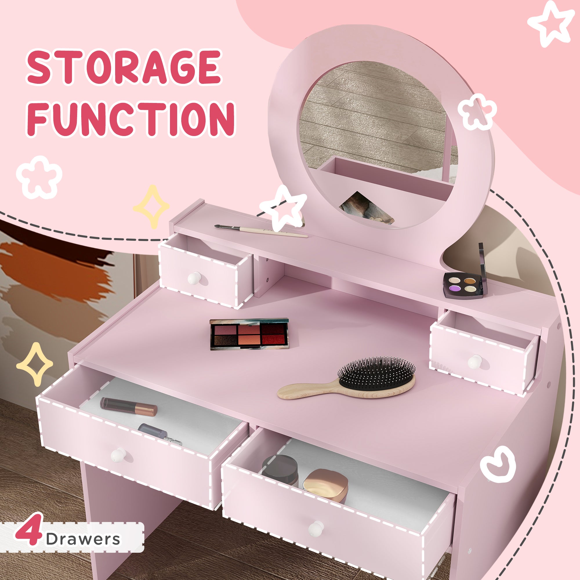 Qaba Kids Vanity Set, Children Makeup Table with Mirror, Stool and Storage Drawers, for Ages 3-8, Pink-Toys & Games > Toddler & Kids Furniture > Kids Bedroom Furniture-DECOROLALA