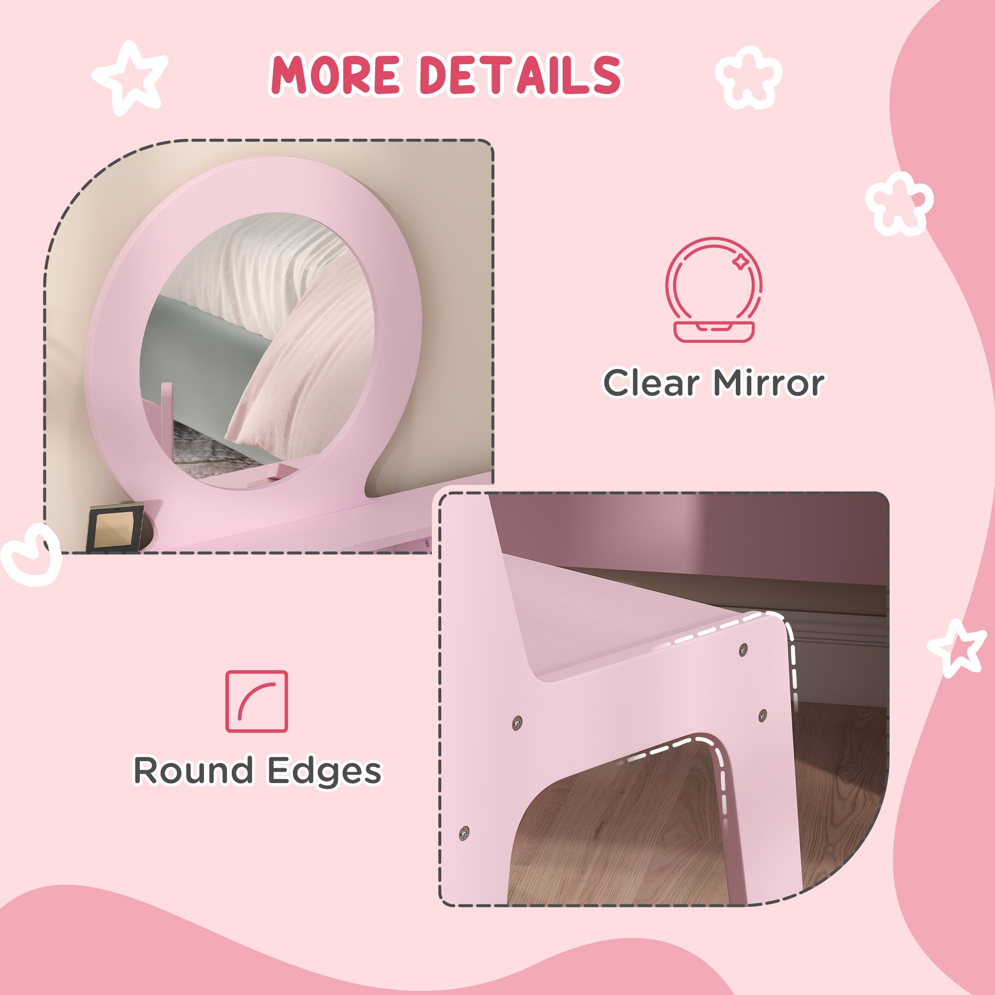 Qaba Kids Vanity Set, Children Makeup Table with Mirror, Stool and Storage Drawers, for Ages 3-8, Pink-Toys & Games > Toddler & Kids Furniture > Kids Bedroom Furniture-DECOROLALA