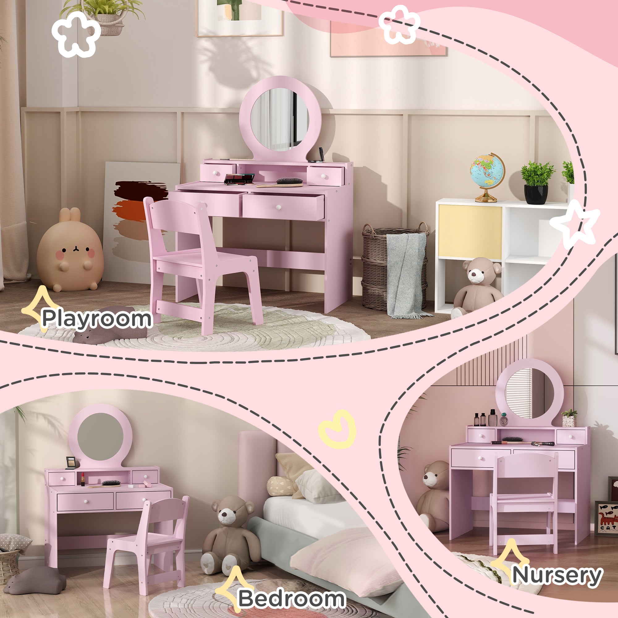 Qaba Kids Vanity Set, Children Makeup Table with Mirror, Stool and Storage Drawers, for Ages 3-8, Pink-Toys & Games > Toddler & Kids Furniture > Kids Bedroom Furniture-DECOROLALA