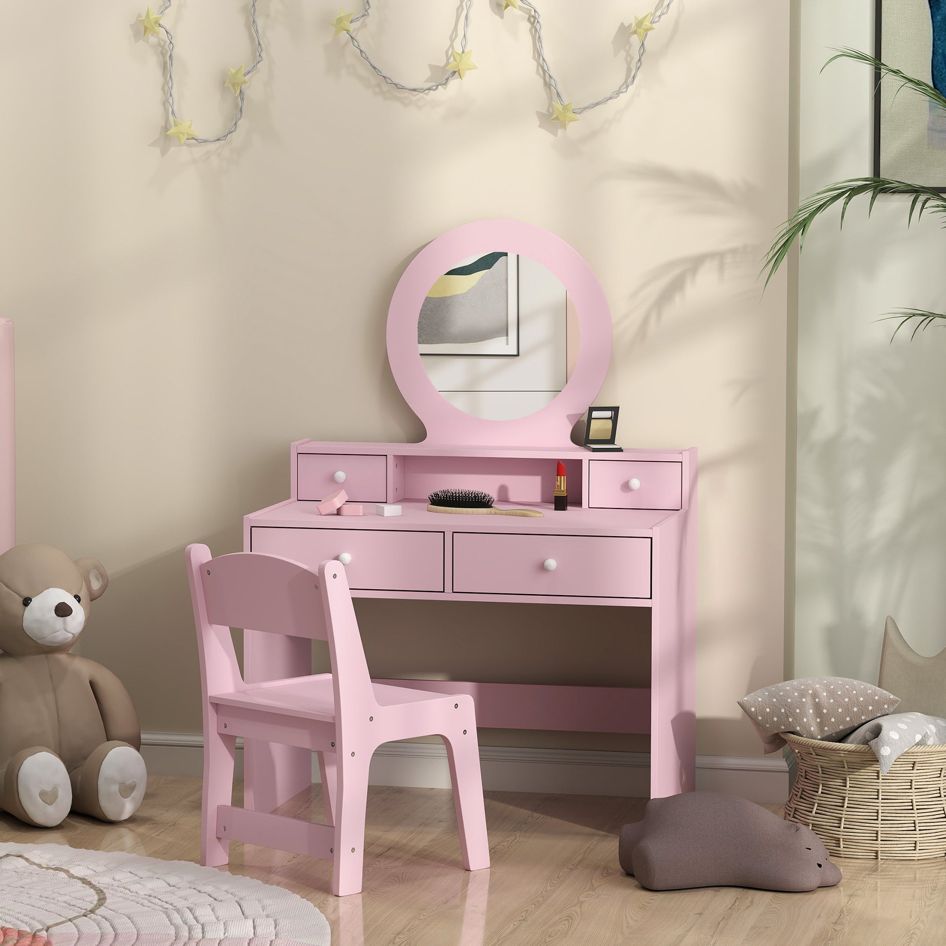 Qaba Kids Vanity Set, Children Makeup Table with Mirror, Stool and Storage Drawers, for Ages 3-8, Pink-Toys & Games > Toddler & Kids Furniture > Kids Bedroom Furniture-DECOROLALA
