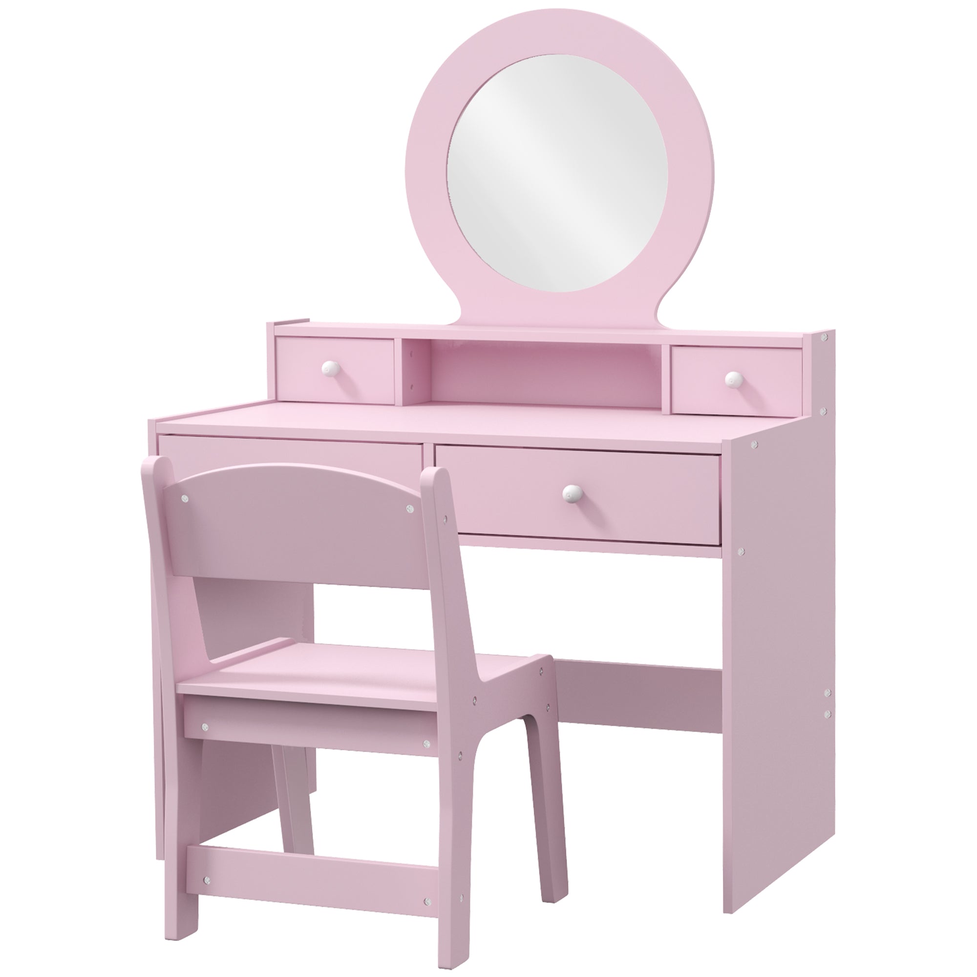 Qaba Kids Vanity Set, Children Makeup Table with Mirror, Stool and Storage Drawers, for Ages 3-8, Pink-Toys & Games > Toddler & Kids Furniture > Kids Bedroom Furniture-DECOROLALA
