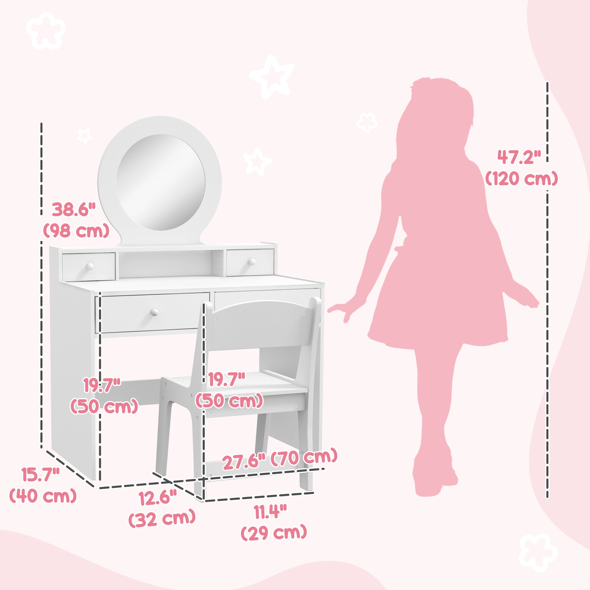 Qaba Kids Vanity Set, Children Makeup Table with Mirror, Stool and Storage Drawers, for Ages 3-8, White-Toys & Games > Toddler & Kids Furniture > Kids Bedroom Furniture-DECOROLALA