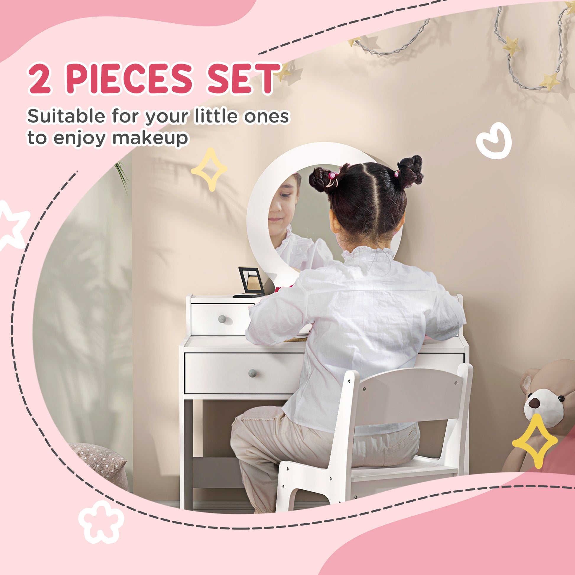 Qaba Kids Vanity Set, Children Makeup Table with Mirror, Stool and Storage Drawers, for Ages 3-8, White-Toys & Games > Toddler & Kids Furniture > Kids Bedroom Furniture-DECOROLALA