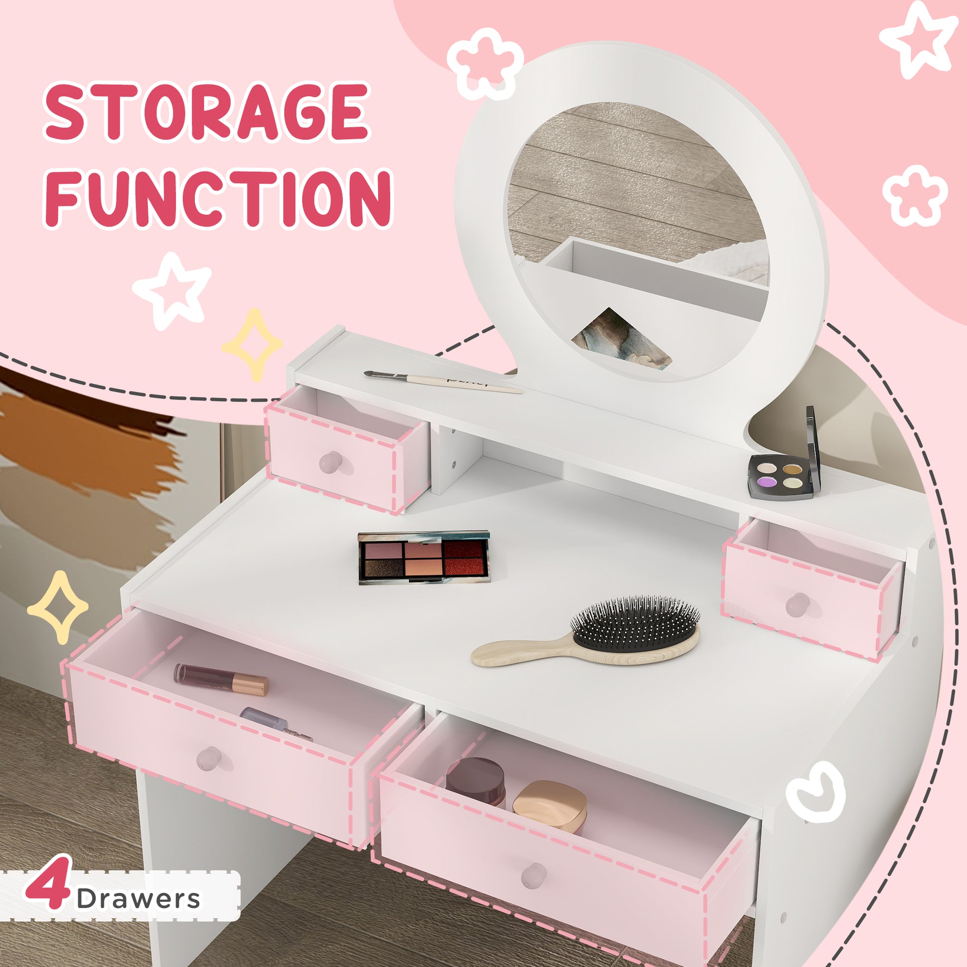 Qaba Kids Vanity Set, Children Makeup Table with Mirror, Stool and Storage Drawers, for Ages 3-8, White-Toys & Games > Toddler & Kids Furniture > Kids Bedroom Furniture-DECOROLALA