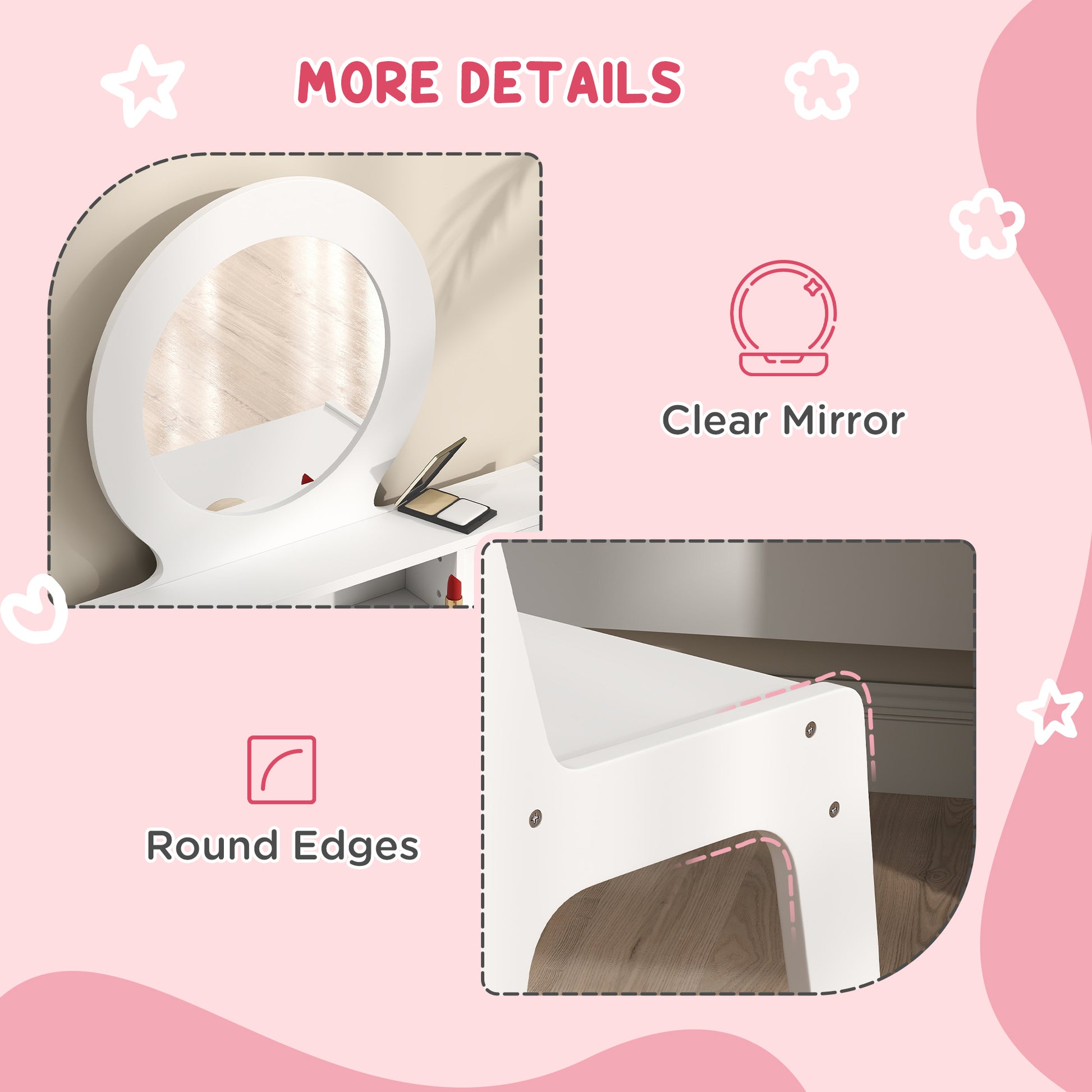 Qaba Kids Vanity Set, Children Makeup Table with Mirror, Stool and Storage Drawers, for Ages 3-8, White-Toys & Games > Toddler & Kids Furniture > Kids Bedroom Furniture-DECOROLALA