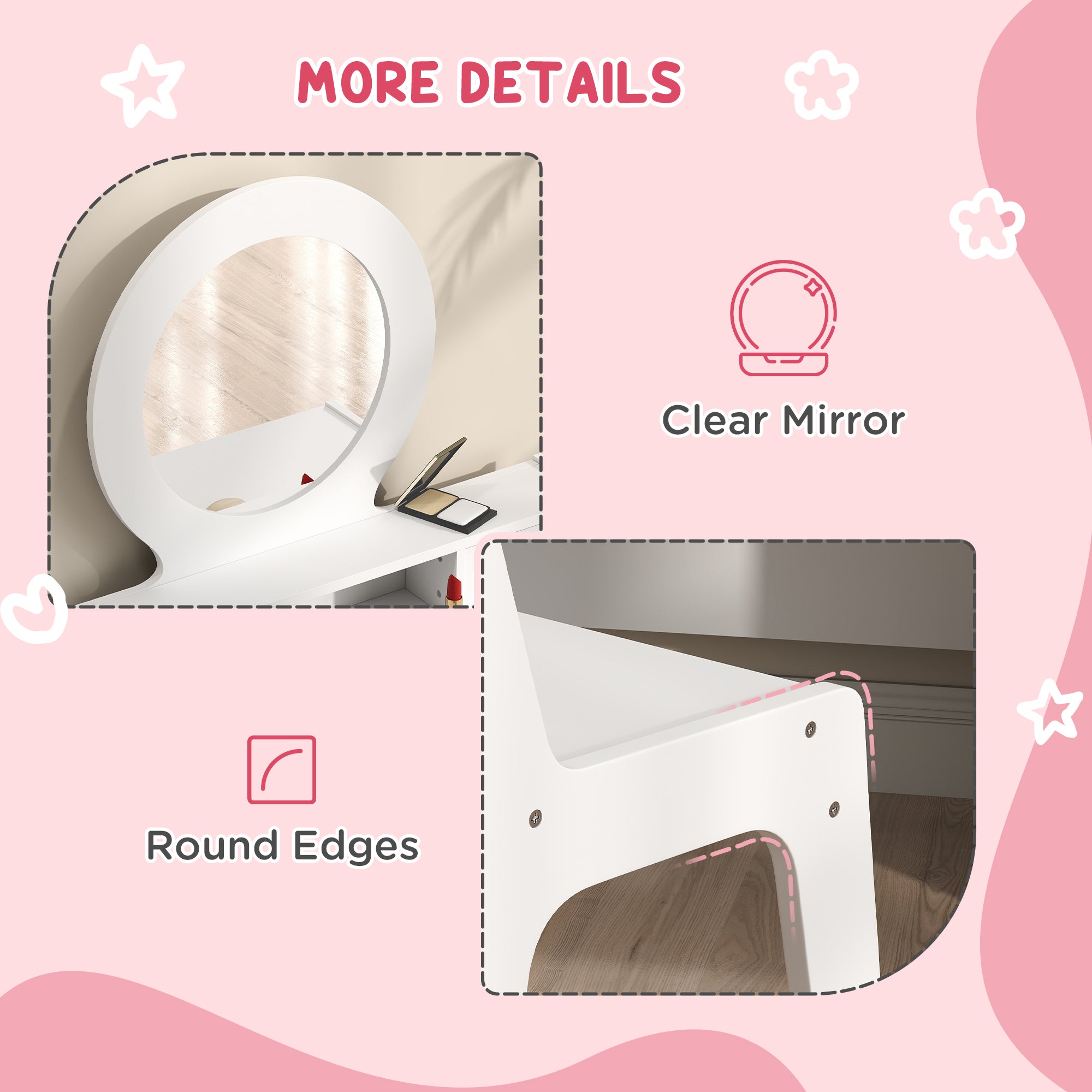 Qaba Kids Vanity Set, Children Makeup Table with Mirror, Stool and Storage Drawers, for Ages 3-8, White-Toys & Games > Toddler & Kids Furniture > Kids Bedroom Furniture-DECOROLALA