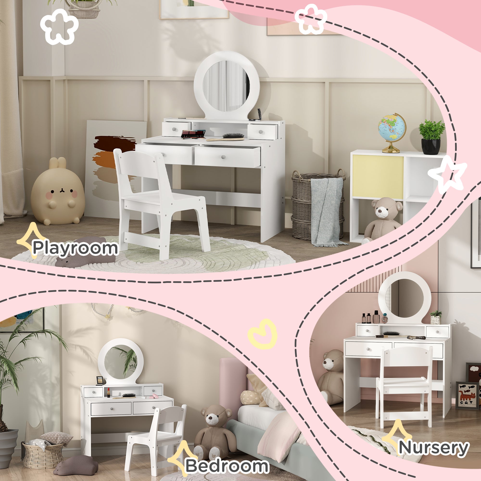 Qaba Kids Vanity Set, Children Makeup Table with Mirror, Stool and Storage Drawers, for Ages 3-8, White-Toys & Games > Toddler & Kids Furniture > Kids Bedroom Furniture-DECOROLALA