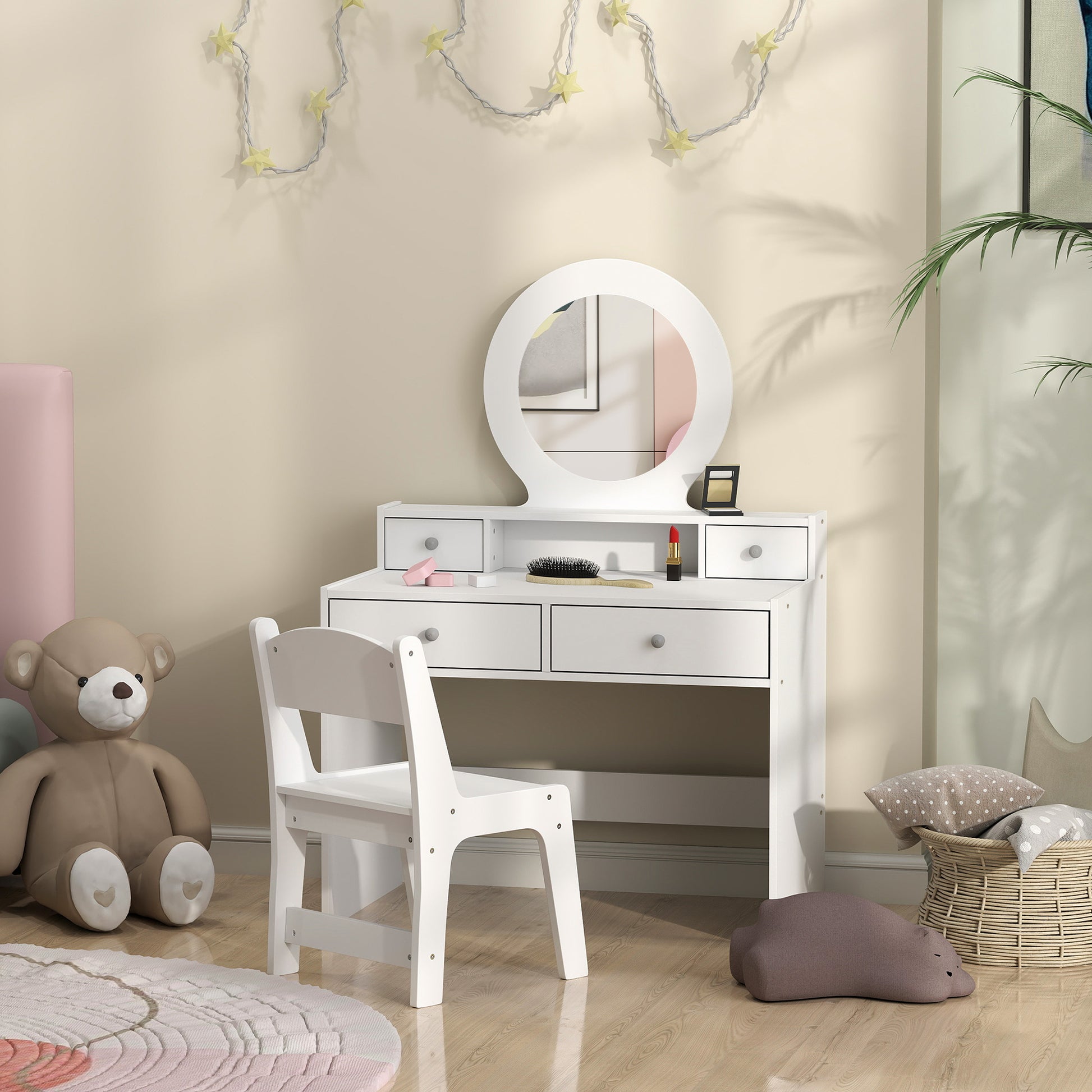 Qaba Kids Vanity Set, Children Makeup Table with Mirror, Stool and Storage Drawers, for Ages 3-8, White-Toys & Games > Toddler & Kids Furniture > Kids Bedroom Furniture-DECOROLALA