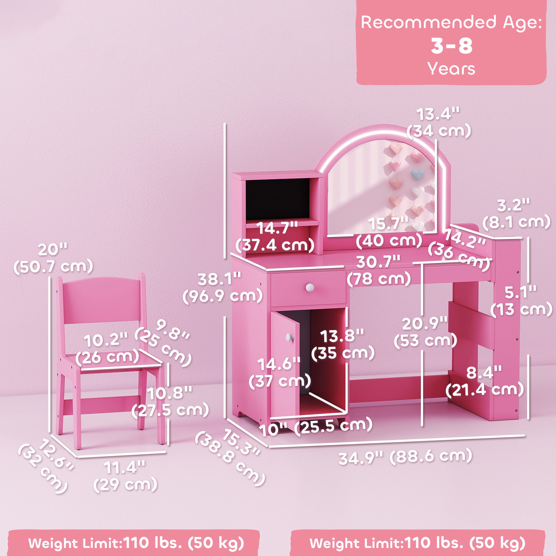 Qaba Kids Vanity Set, Toddler Dressing Table and Chair Set with Lighted Mirror, Cabinet, Drawer and Shelves, Pink-Toys & Games > Toddler & Kids Furniture > Kids Bedroom Furniture-DECOROLALA
