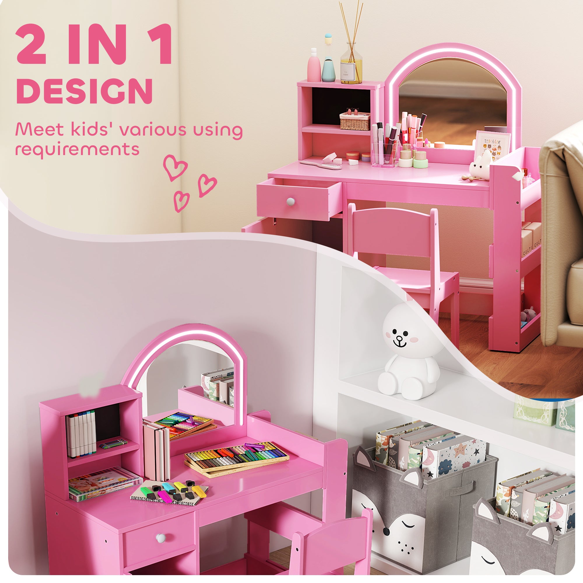 Qaba Kids Vanity Set, Toddler Dressing Table and Chair Set with Lighted Mirror, Cabinet, Drawer and Shelves, Pink-Toys & Games > Toddler & Kids Furniture > Kids Bedroom Furniture-DECOROLALA