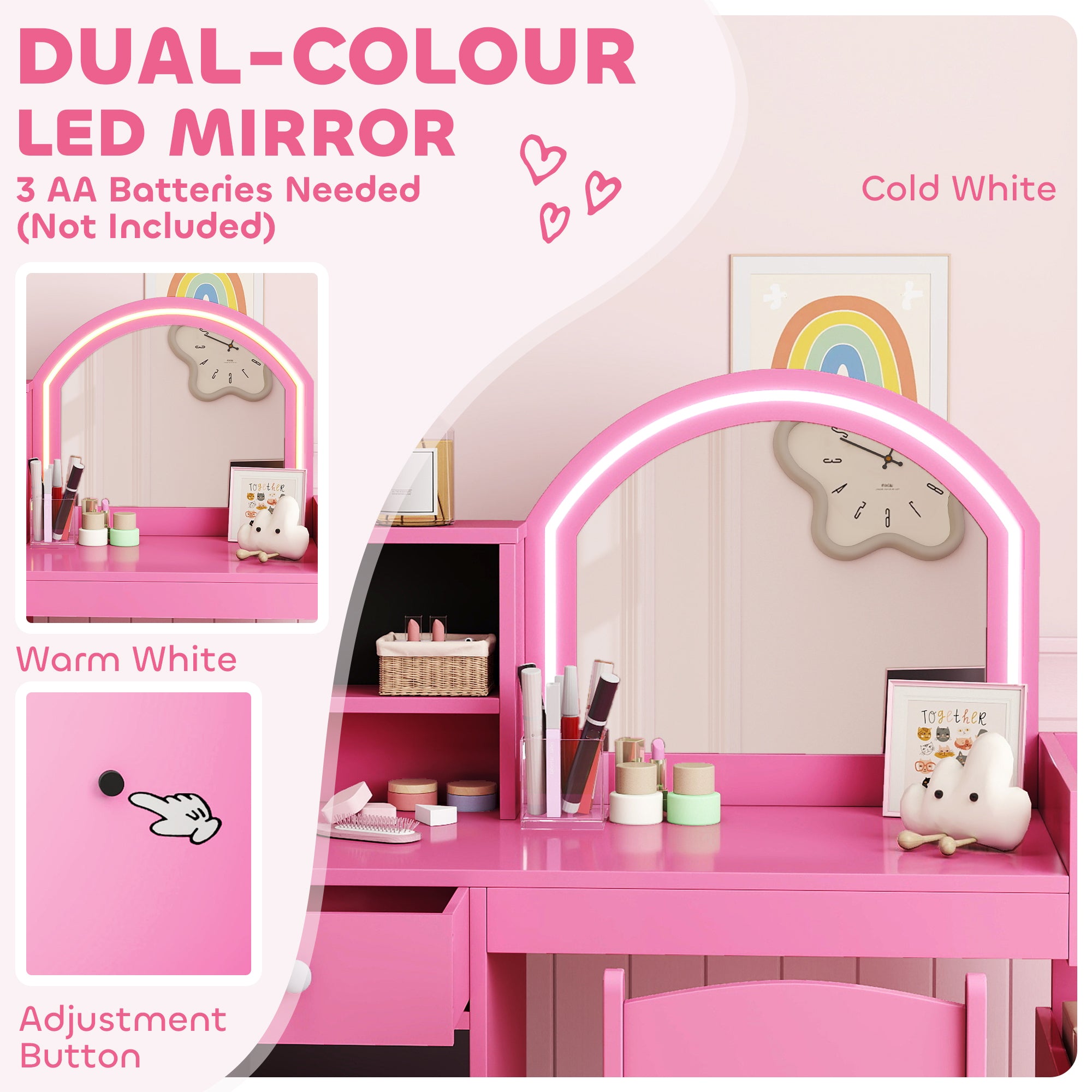 Qaba Kids Vanity Set, Toddler Dressing Table and Chair Set with Lighted Mirror, Cabinet, Drawer and Shelves, Pink-Toys & Games > Toddler & Kids Furniture > Kids Bedroom Furniture-DECOROLALA