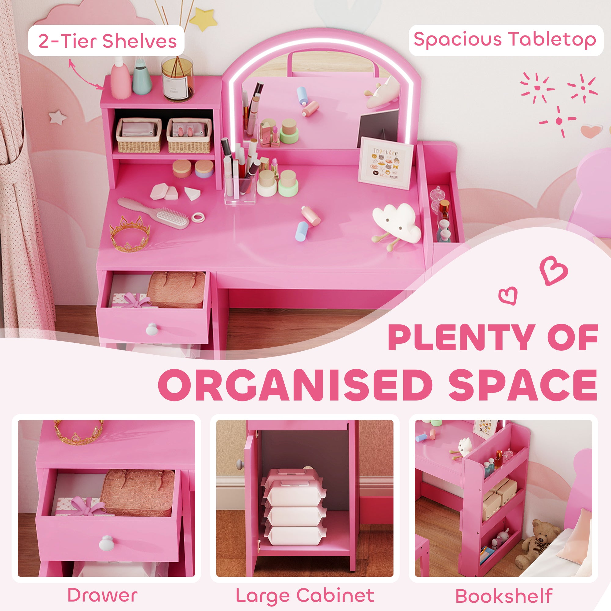 Qaba Kids Vanity Set, Toddler Dressing Table and Chair Set with Lighted Mirror, Cabinet, Drawer and Shelves, Pink-Toys & Games > Toddler & Kids Furniture > Kids Bedroom Furniture-DECOROLALA