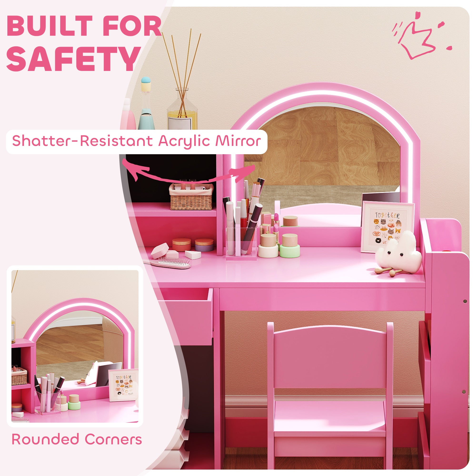 Qaba Kids Vanity Set, Toddler Dressing Table and Chair Set with Lighted Mirror, Cabinet, Drawer and Shelves, Pink-Toys & Games > Toddler & Kids Furniture > Kids Bedroom Furniture-DECOROLALA