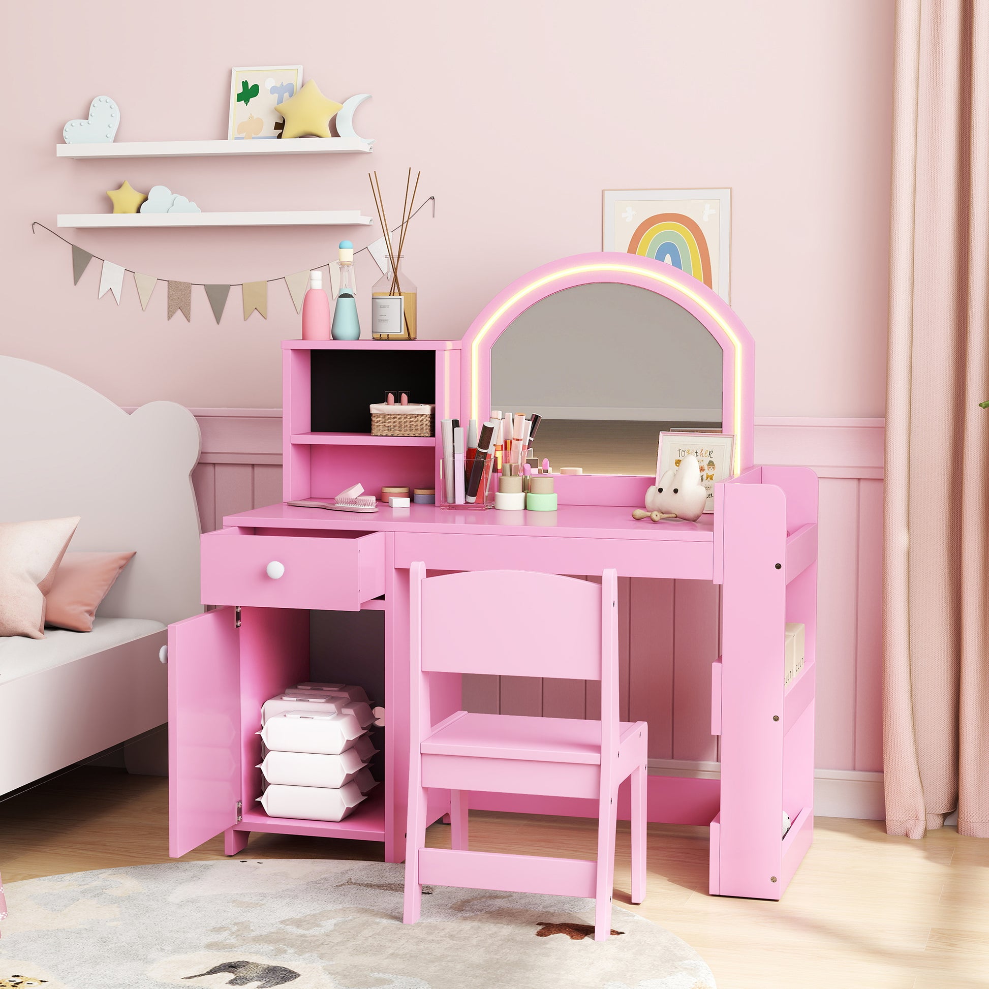 Qaba Kids Vanity Set, Toddler Dressing Table and Chair Set with Lighted Mirror, Cabinet, Drawer and Shelves, Pink-Toys & Games > Toddler & Kids Furniture > Kids Bedroom Furniture-DECOROLALA