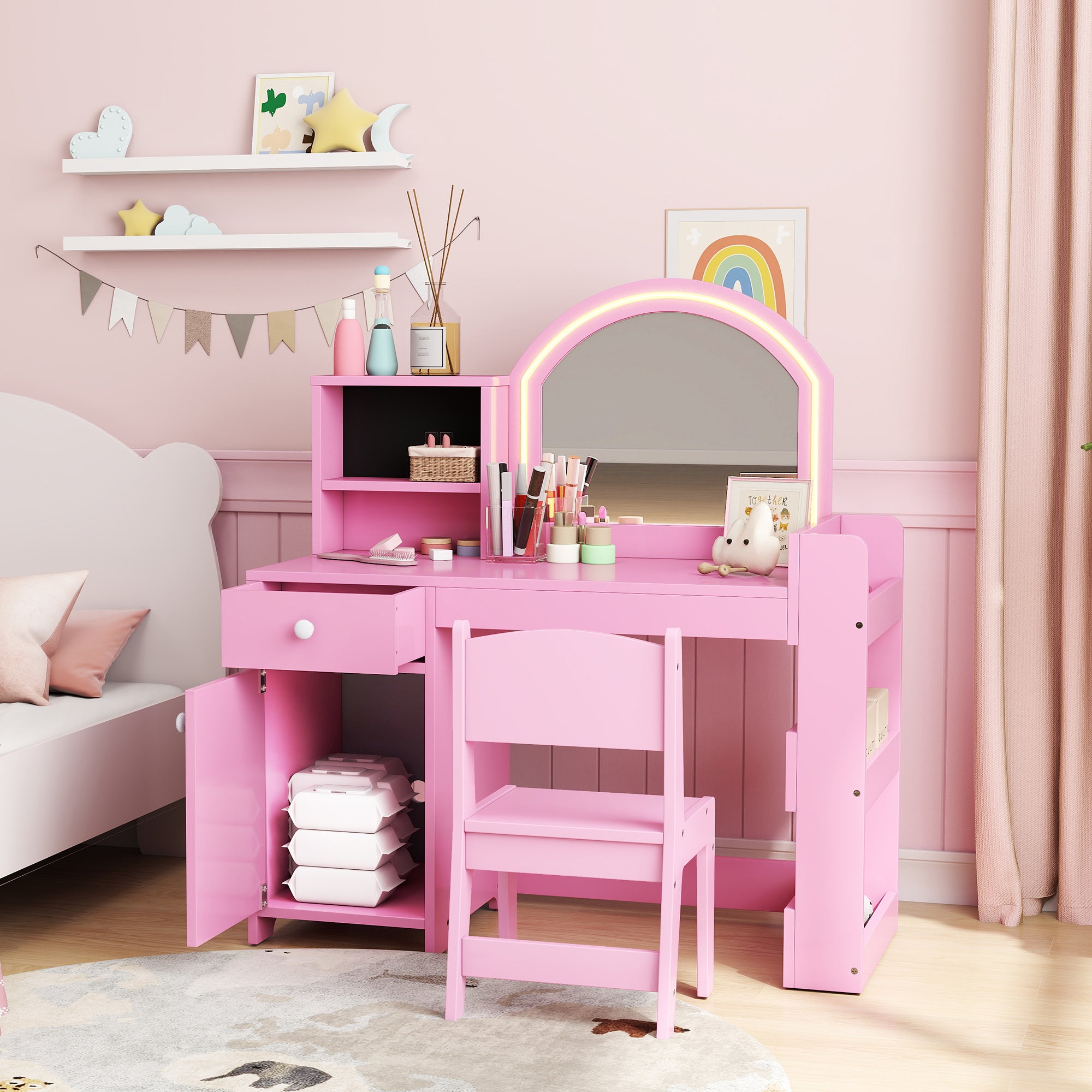 Qaba Kids Vanity Set, Toddler Dressing Table and Chair Set with Lighted Mirror, Cabinet, Drawer and Shelves, Pink-Toys & Games > Toddler & Kids Furniture > Kids Bedroom Furniture-DECOROLALA