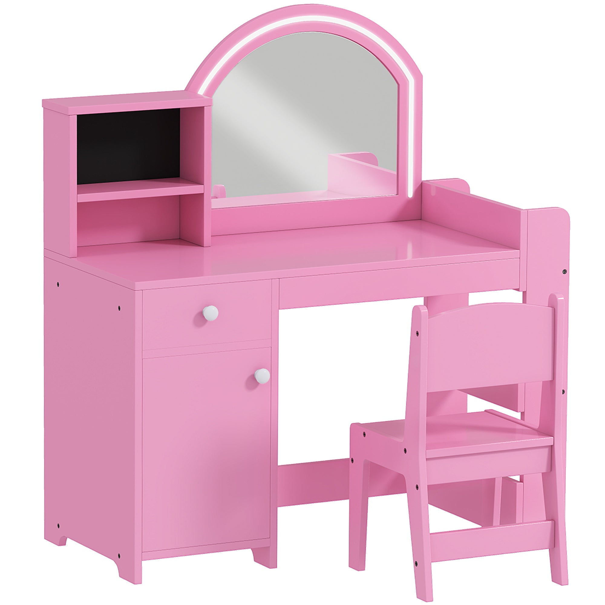 Qaba Kids Vanity Set, Toddler Dressing Table and Chair Set with Lighted Mirror, Cabinet, Drawer and Shelves, Pink-Toys & Games > Toddler & Kids Furniture > Kids Bedroom Furniture-DECOROLALA