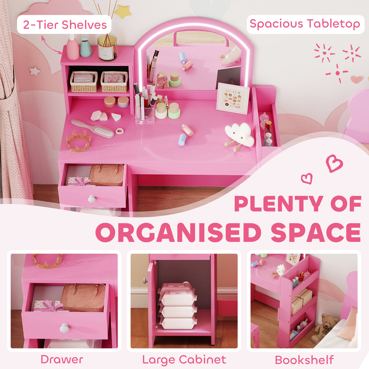 Qaba Kids Vanity Set with LED Mirror, Desk and Chair - Pink-Toys & Games > Toddler & Kids Furniture > Kids Bedroom Furniture-DECOROLALA