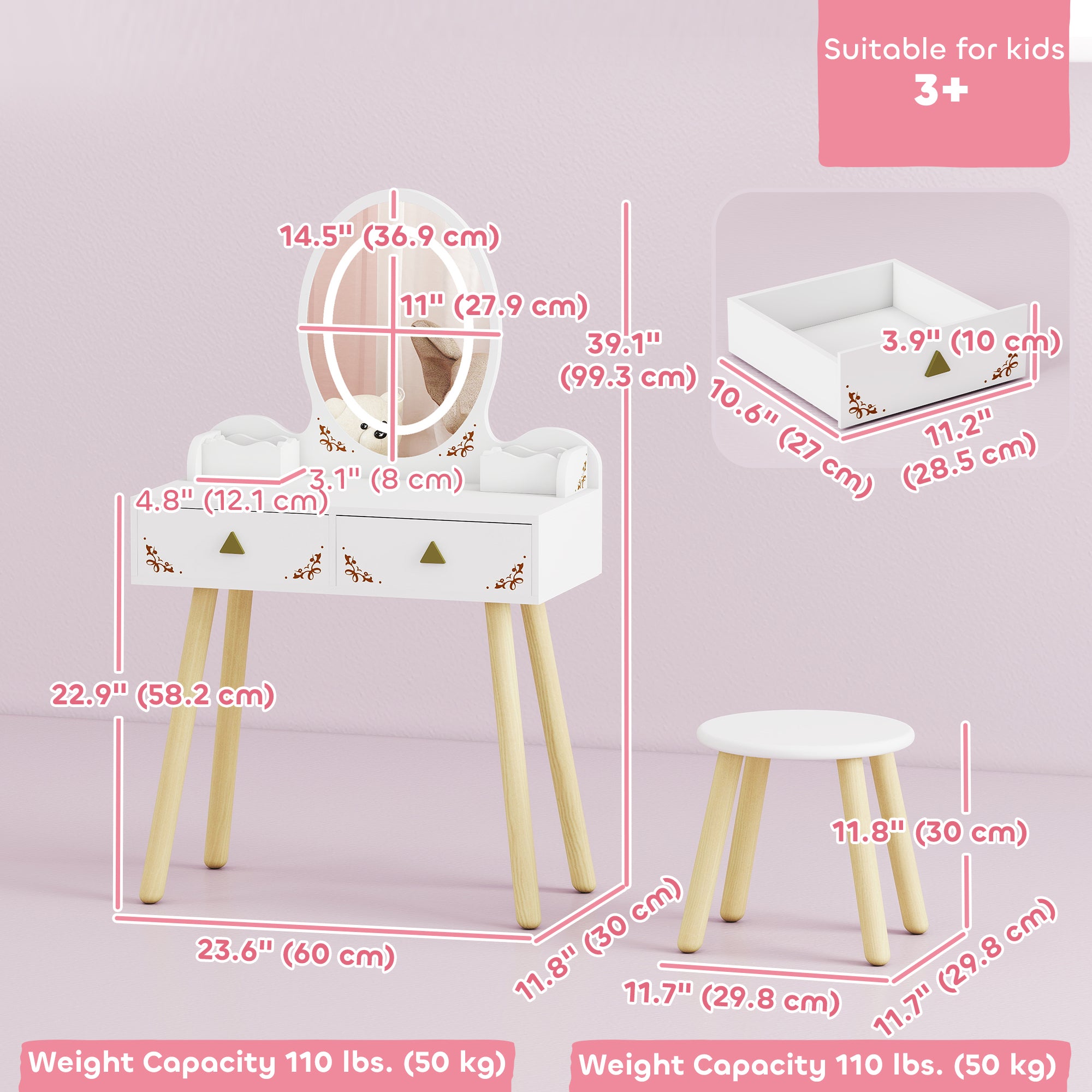 Qaba Kids Vanity Set with Mirror, Stool, 3-Colour LED Lights, Girls Dressing Table Pretend Play for Kids Room, Pink-Toys & Games > Toddler & Kids Furniture > Kids Bedroom Furniture-DECOROLALA