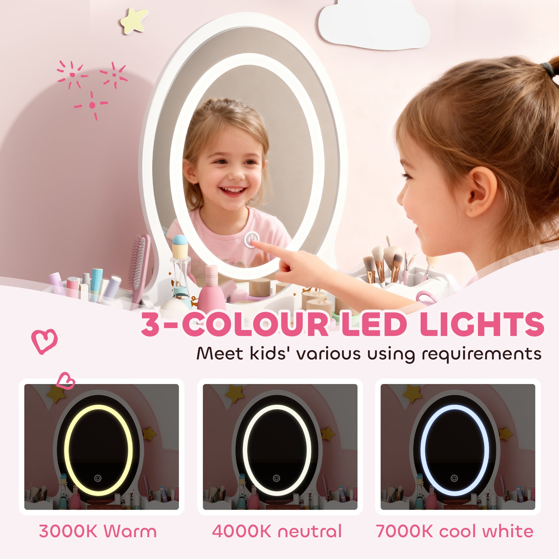 Qaba Kids Vanity Set with Mirror, Stool, 3-Colour LED Lights, Girls Dressing Table Pretend Play for Kids Room, Pink-Toys & Games > Toddler & Kids Furniture > Kids Bedroom Furniture-DECOROLALA