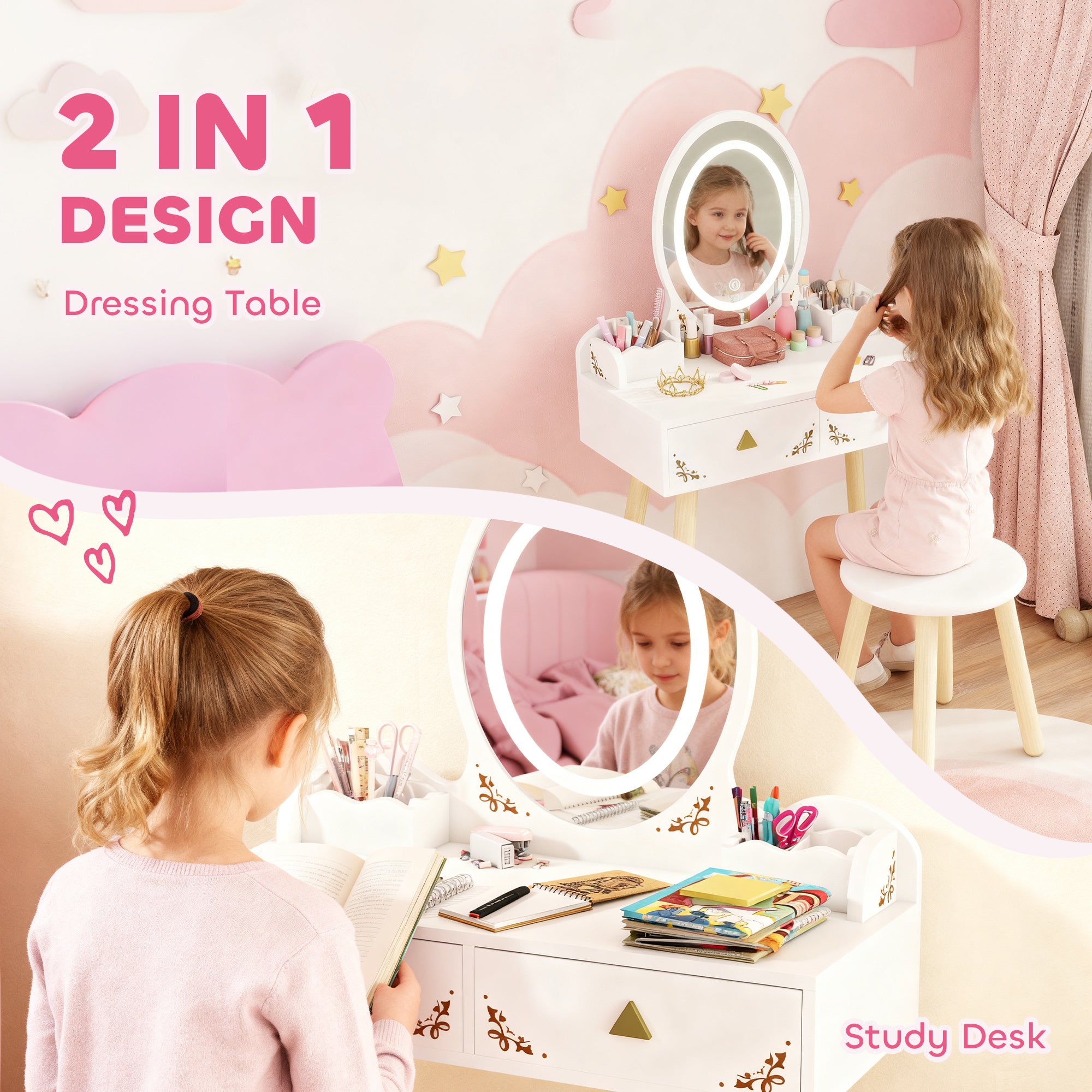 Qaba Kids Vanity Set with Mirror, Stool, 3-Colour LED Lights, Girls Dressing Table Pretend Play for Kids Room, Pink-Toys & Games > Toddler & Kids Furniture > Kids Bedroom Furniture-DECOROLALA