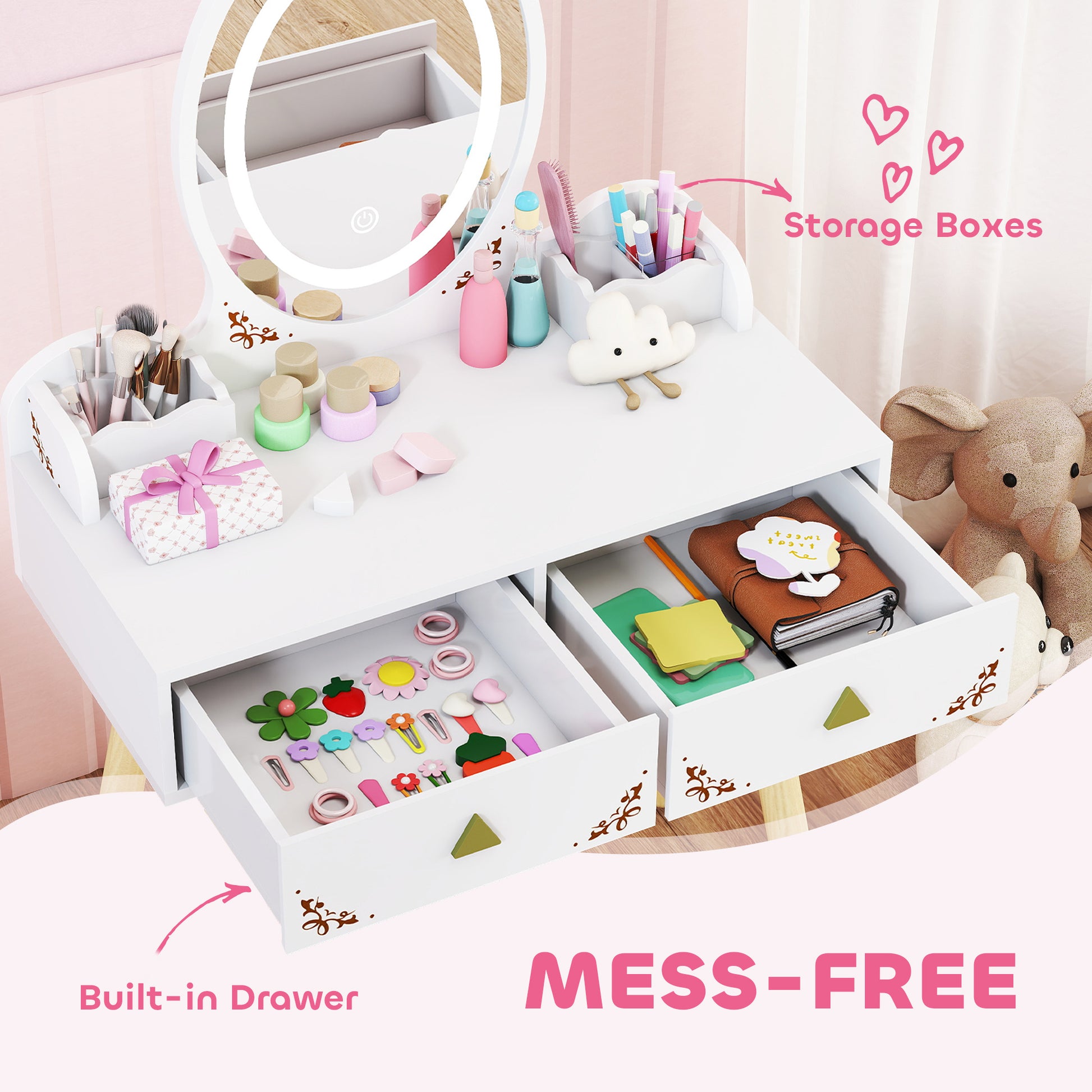 Qaba Kids Vanity Set with Mirror, Stool, 3-Colour LED Lights, Girls Dressing Table Pretend Play for Kids Room, Pink-Toys & Games > Toddler & Kids Furniture > Kids Bedroom Furniture-DECOROLALA