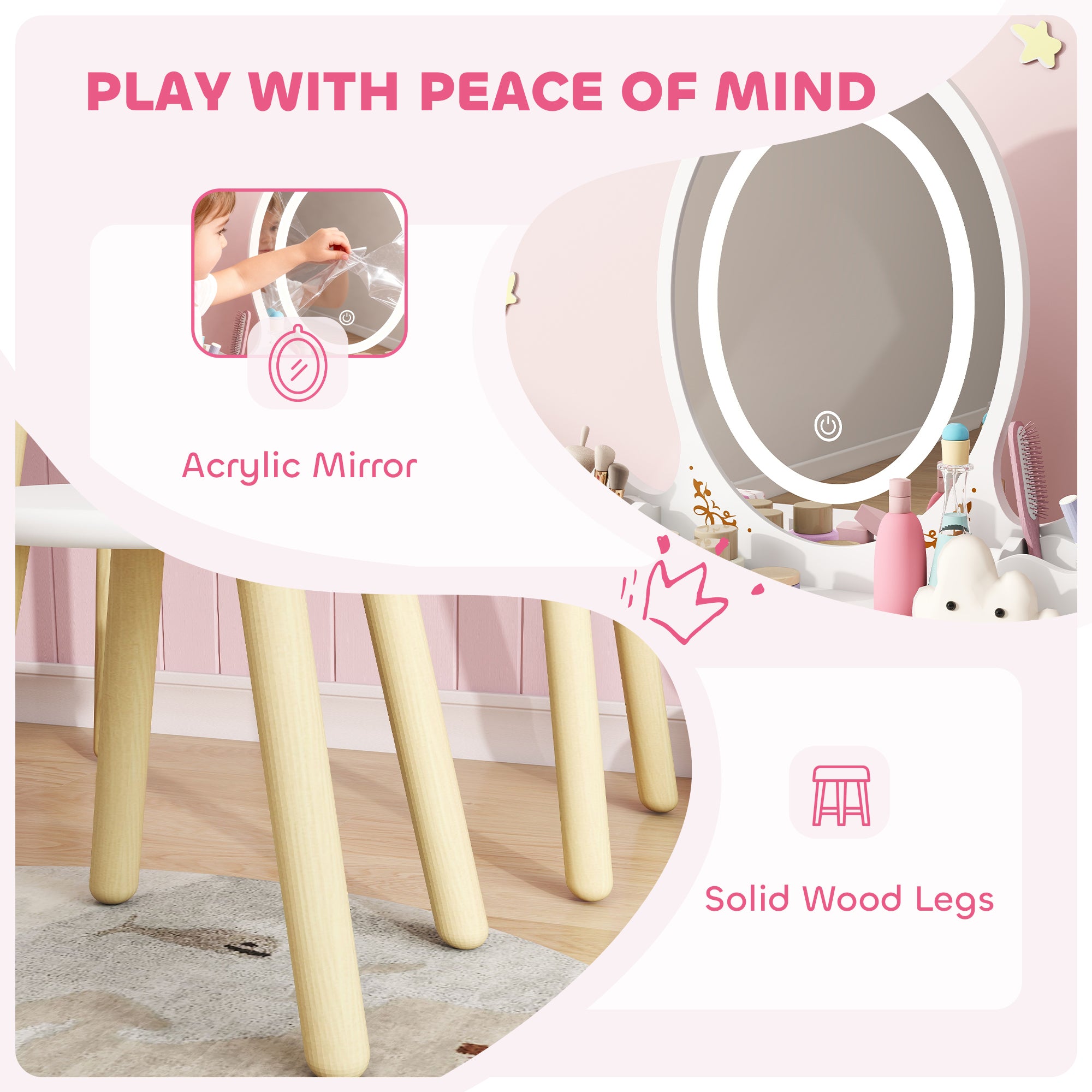 Qaba Kids Vanity Set with Mirror, Stool, 3-Colour LED Lights, Girls Dressing Table Pretend Play for Kids Room, Pink-Toys & Games > Toddler & Kids Furniture > Kids Bedroom Furniture-DECOROLALA