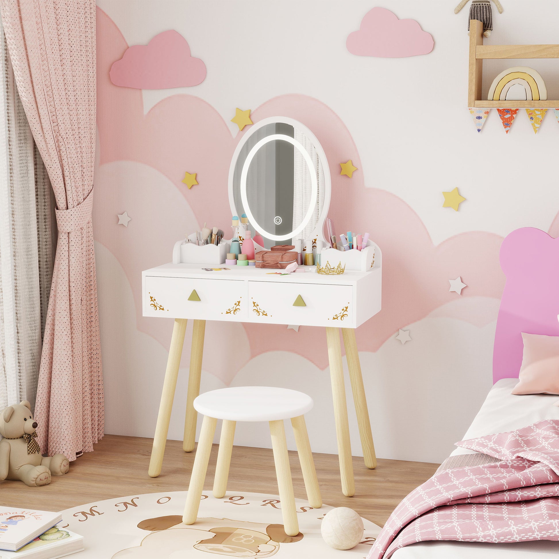 Qaba Kids Vanity Set with Mirror, Stool, 3-Colour LED Lights, Girls Dressing Table Pretend Play for Kids Room, Pink-Toys & Games > Toddler & Kids Furniture > Kids Bedroom Furniture-DECOROLALA