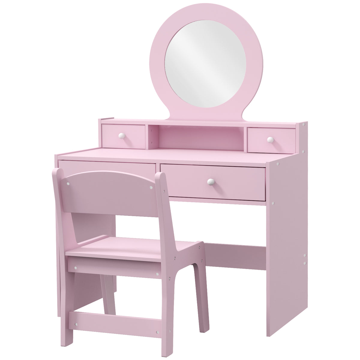 Qaba Kids Vanity Set with Mirror, Stool and 4 Drawers - Pink-Toys & Games > Toddler & Kids Furniture > Kids Bedroom Furniture-DECOROLALA