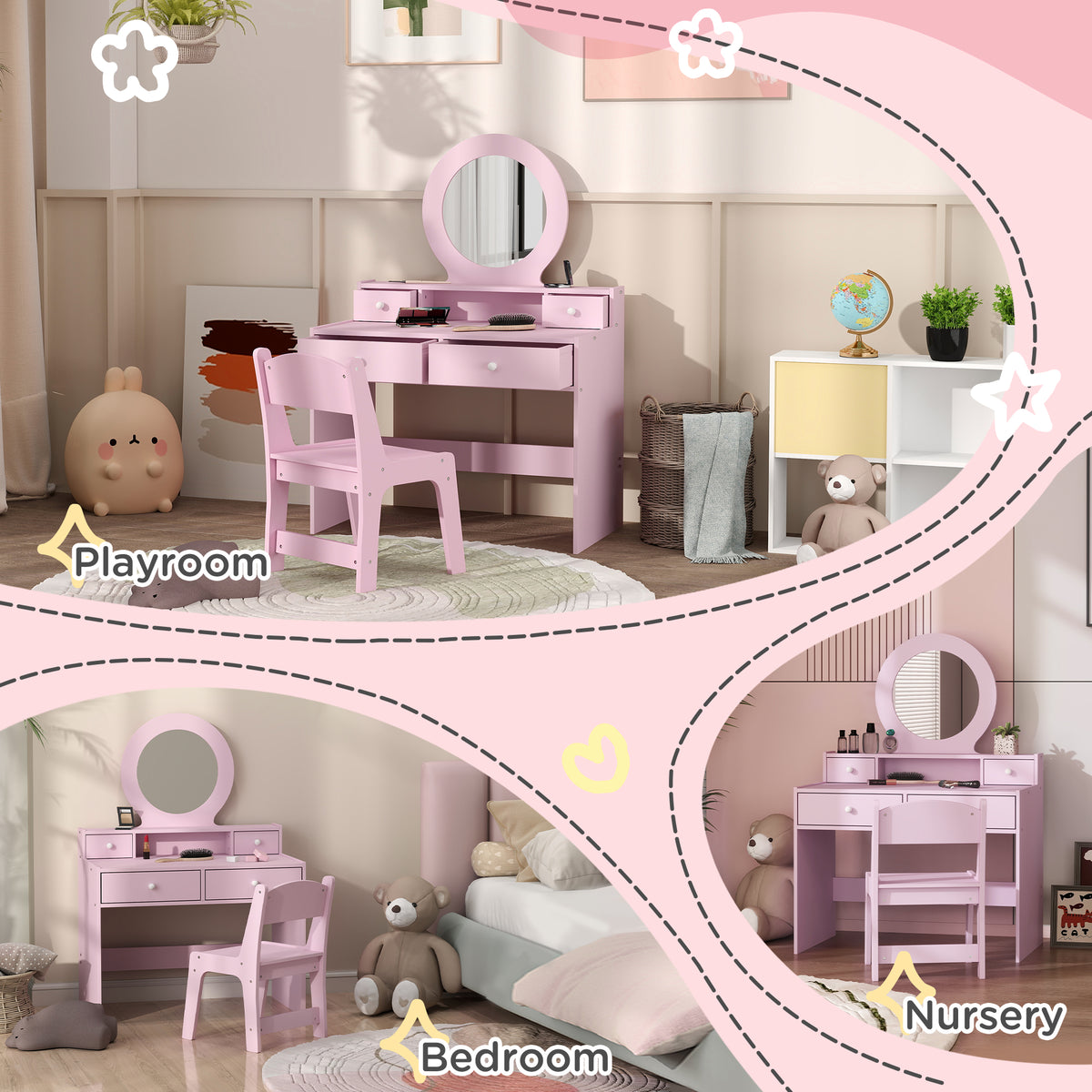 Qaba Kids Vanity Set with Mirror, Stool and 4 Drawers - Pink-Toys & Games > Toddler & Kids Furniture > Kids Bedroom Furniture-DECOROLALA