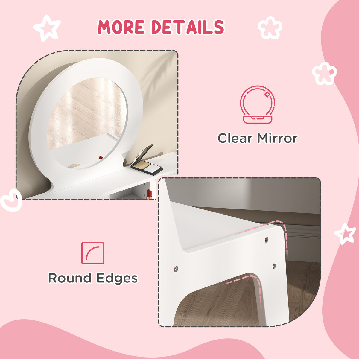 Qaba Kids Vanity Set with Mirror, Stool and 4 Drawers - White-Toys & Games > Toddler & Kids Furniture > Kids Bedroom Furniture-DECOROLALA