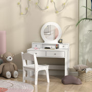 Qaba Kids Vanity Set with Mirror, Stool and 4 Drawers - White-Toys & Games > Toddler & Kids Furniture > Kids Bedroom Furniture-DECOROLALA