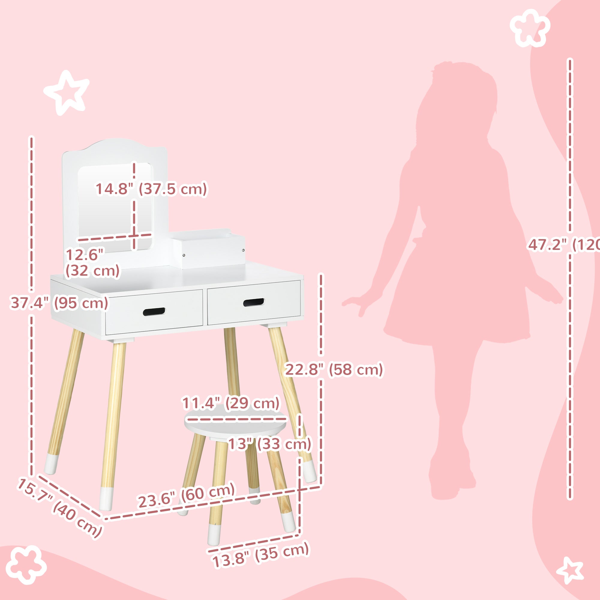 Qaba Kids Vanity Set with Mirror, Stool and Drawers - White-Toys & Games > Toddler & Kids Furniture > Kids Bedroom Furniture-DECOROLALA
