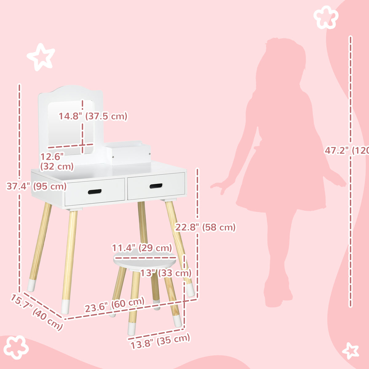 Qaba Kids Vanity Set with Mirror, Stool and Drawers - White-Toys & Games > Toddler & Kids Furniture > Kids Bedroom Furniture-DECOROLALA