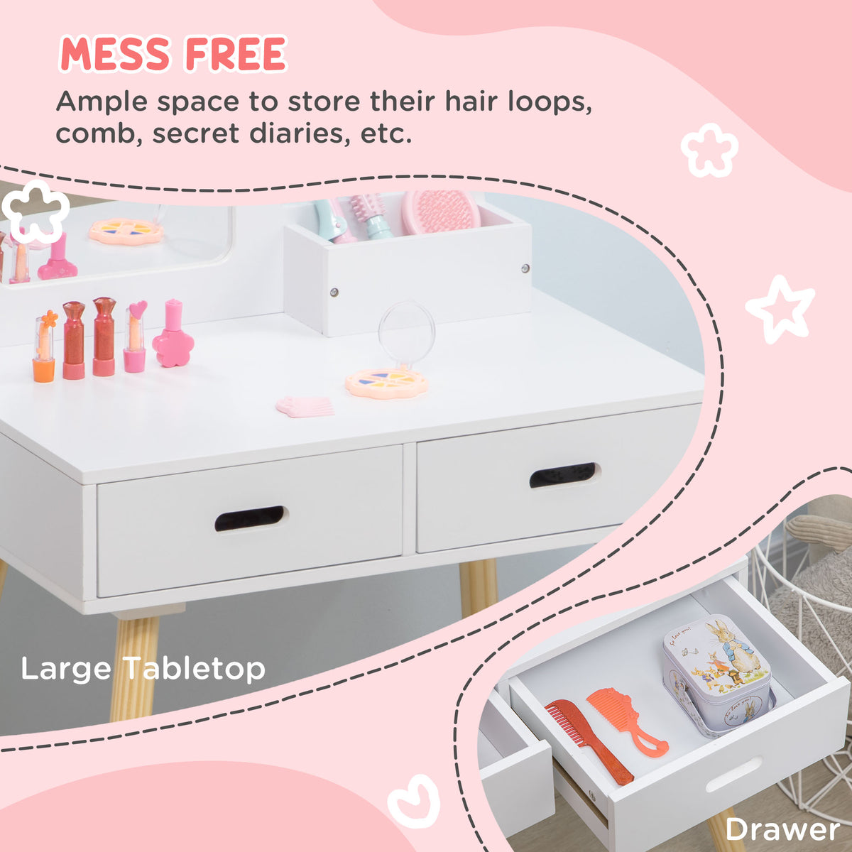 Qaba Kids Vanity Set with Mirror, Stool and Drawers - White-Toys & Games > Toddler & Kids Furniture > Kids Bedroom Furniture-DECOROLALA